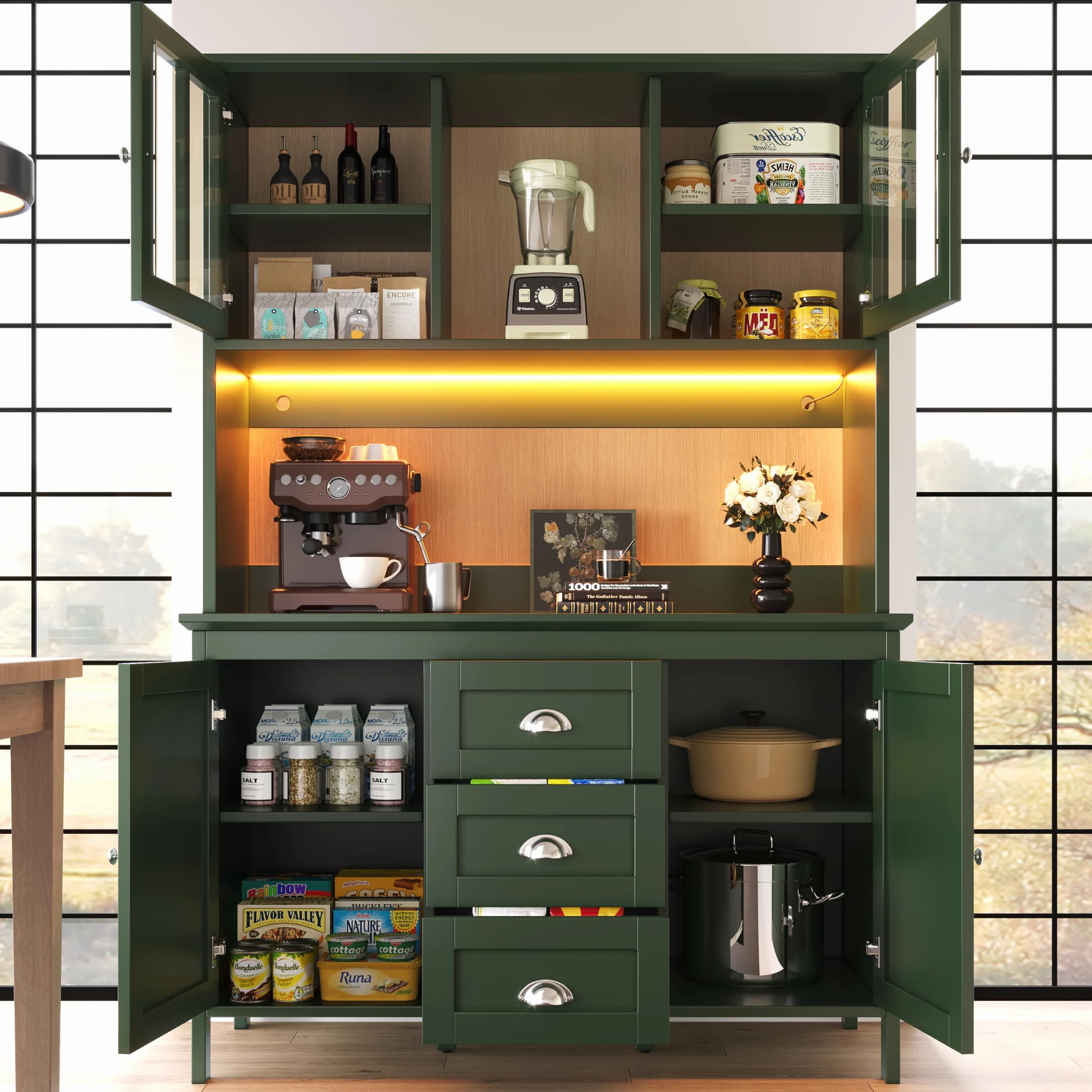 Kebnor armarios de Cocina Altos, aparadores, armarios de Cocina con Puertas de Cristal marrón e iluminación LED, Verde (120 x 40 x 179 cm)