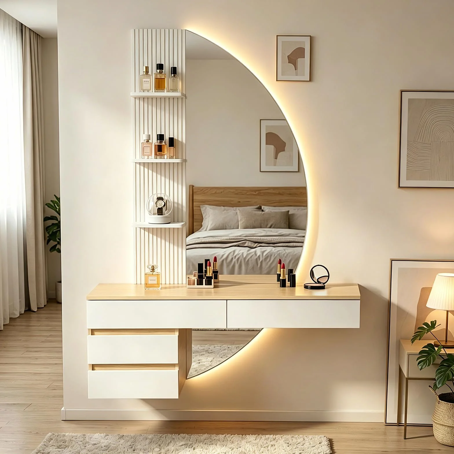 TRIUMPHKEY Tocador de Pared con Espejo en Forma de Media Luna y Luz LED Regulable, Mesa de Maquillaje Flotante con 4 Cajones y 3 Estantes, Tocador Moderno de Ahorro de Espacio para Dormitorio (Blanco)