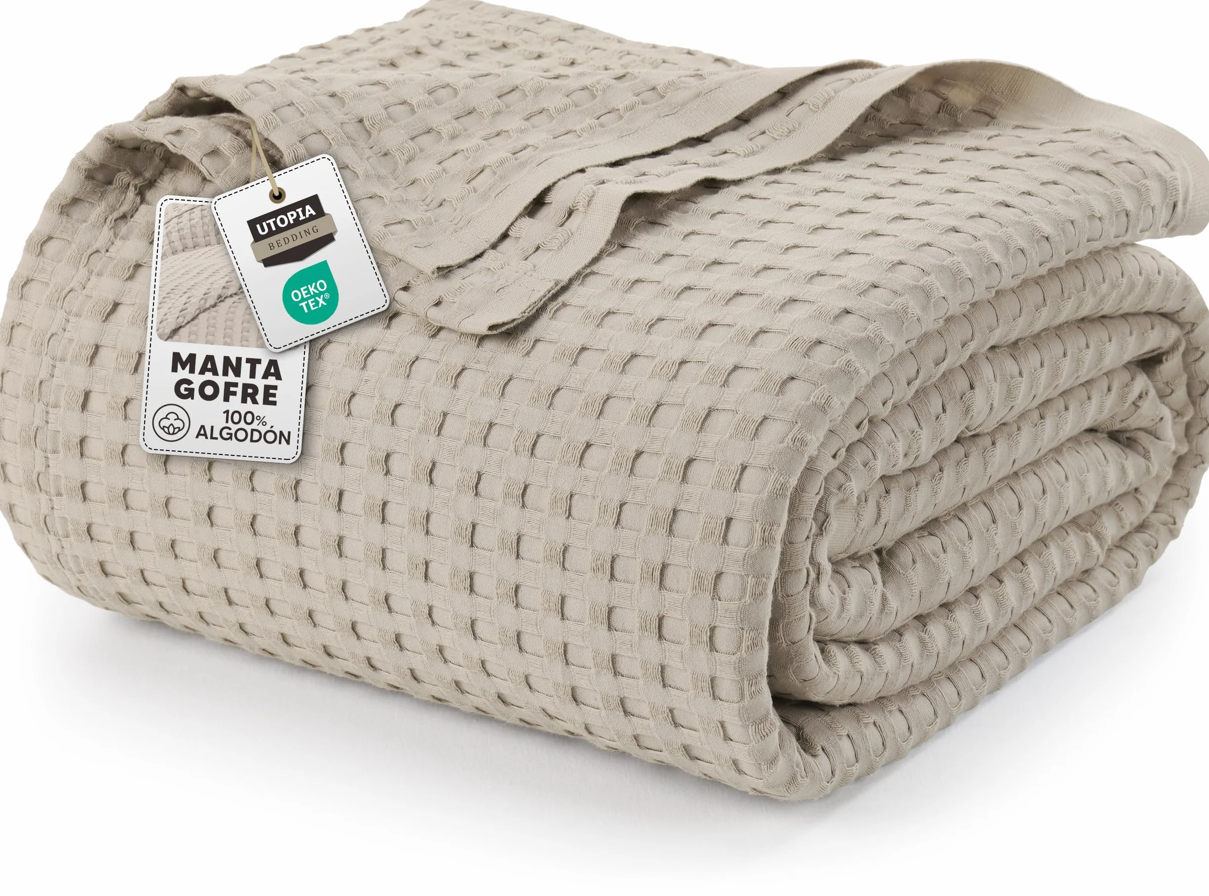 Utopia Bedding Manta Tipo Gofre De Algodón De 300 gsm (Caqui - 228x182 cm), Edredón Suave, Ligero Y Transpirable para Todas Las Estaciones