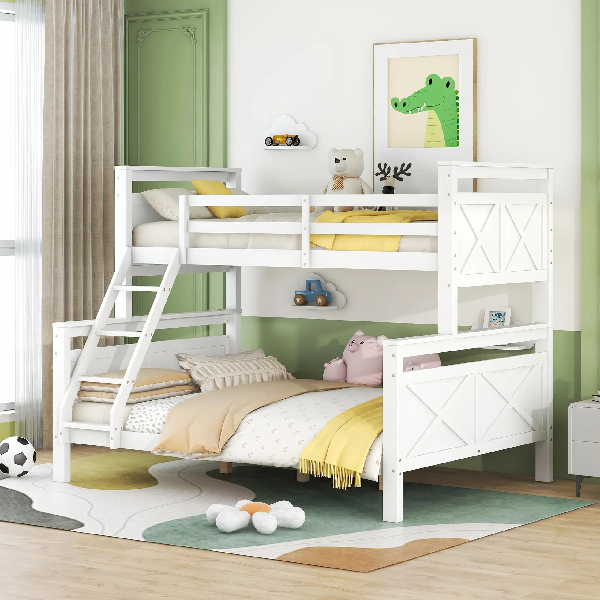 Cama de madera, litera con escalera y barandilla de seguridad, convertible en 2 camas individuales, cama doble, individual para niños, jóvenes y adultos (blanco)