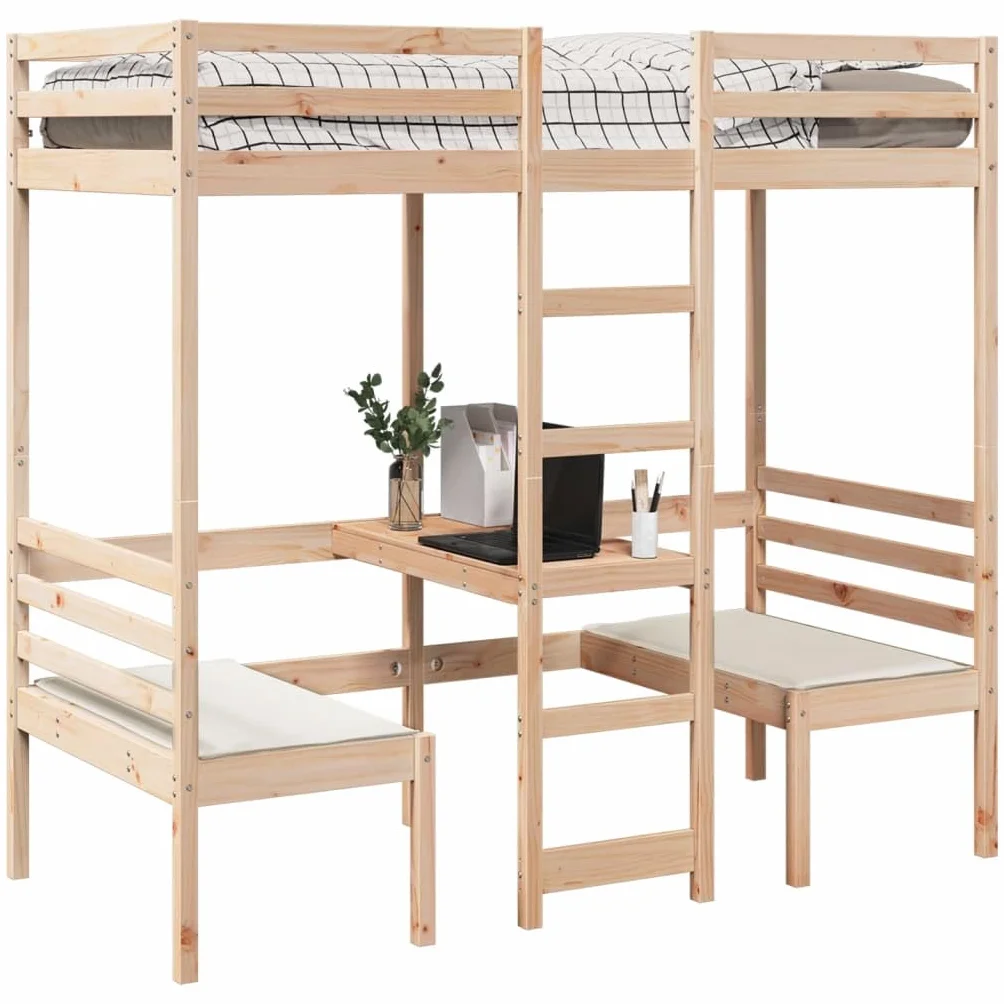 Cama alta 90 x 190 cm de madera maciza de pino con escritorio y 2 sillas, marco de cama para niños y jóvenes, muebles seguros para dormir
