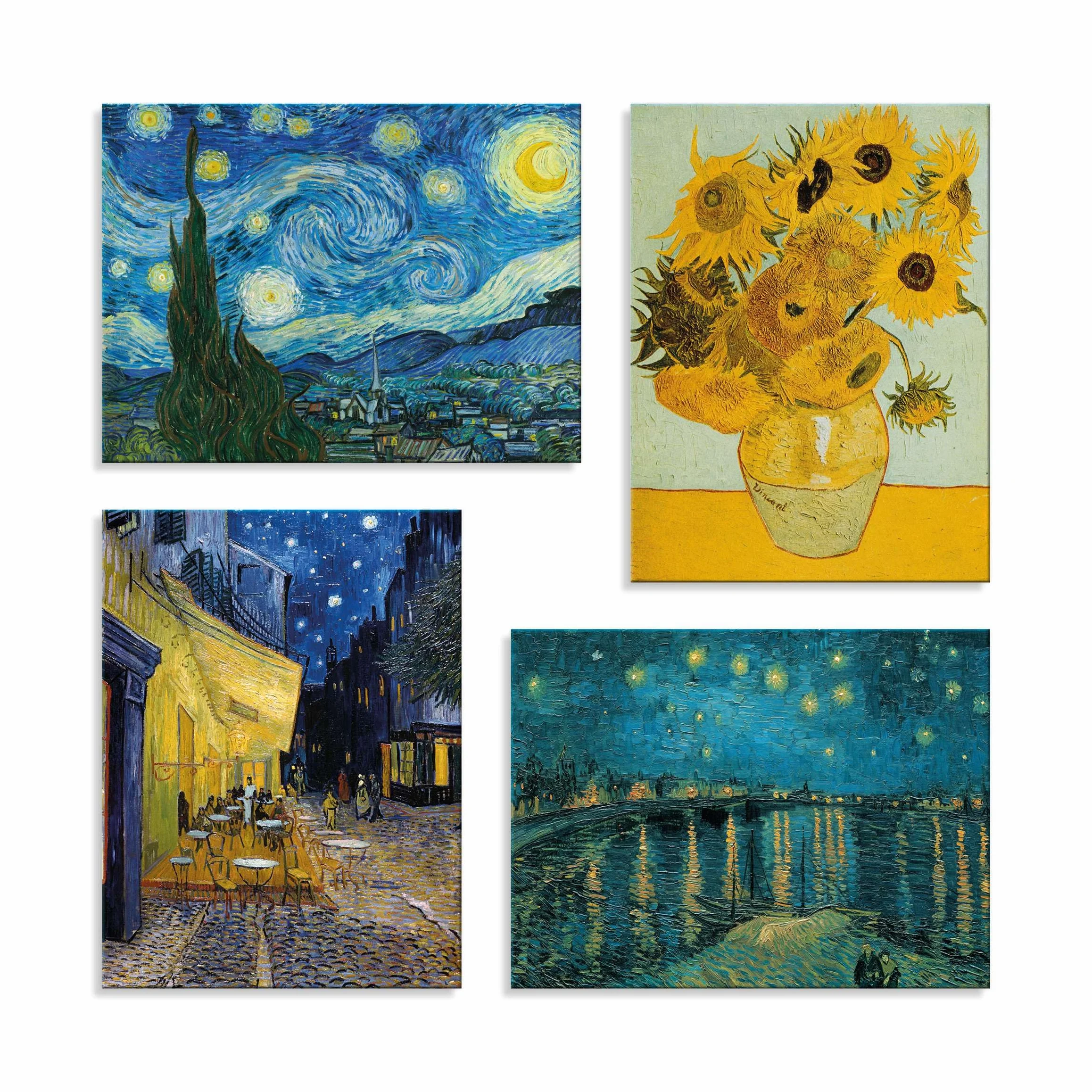 LuxHomeDecor Juego de 4 cuadros 40 x 30 cm – Impresión sobre lienzo con marco de madera – Vincent V. Gogh – Noche estrellada, girasoles, terraza del café, noche en el Ródano