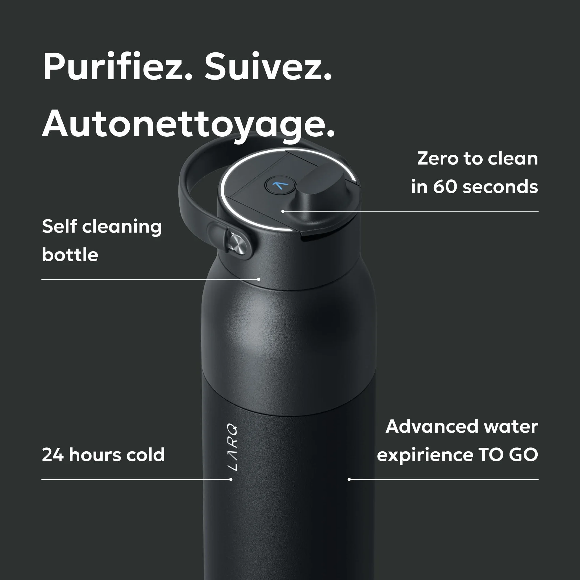 LARQ PureVis 2 Botella de Agua Inteligente con Filtro - Autolimpiable UV, Seguimiento de Hidratación vía App, Acero Inoxidable Aislado – Garantía 2 Años – 1 Litro
