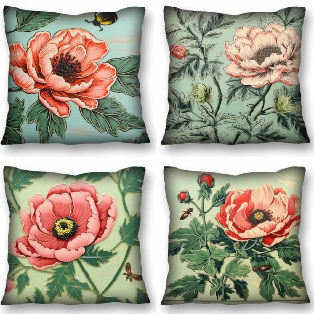 Juego de 4 Fundas de Cojines 70x70 cm Cojines floración flor Funda Cojin Cuadrados de Lino Fundas Cojines Sofá Cojines Decorativos para Salón Sofá Dormitorio Coche Jardín Silla Decoración del Hogar