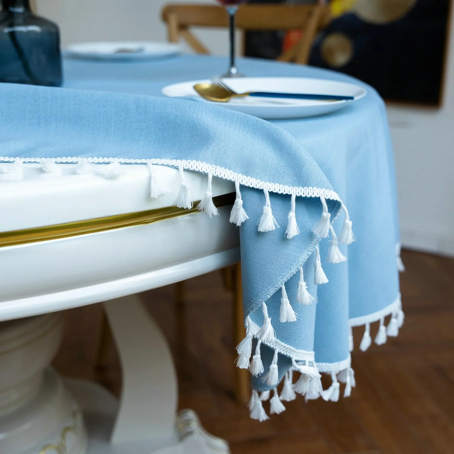 Gualiy Mantel Redondo de Tela, Poliéster Mantel Cocina Cafe Round 160CM Manteles de Mesa Antimanchas Color Sólido con Borlas Mantel para Mesa Cocina, Azul