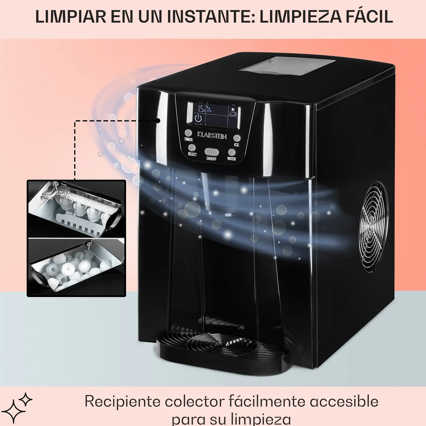 Klarstein Maquina de Hielo para Encimera, Maquina Hacer Cubitos de Hielo Domestica, Producción 12 kg., Depósito Agua Capacidad 2 l. Dispensador Agua Fría, Ice Maker Sobremesa, Máquina Cubitos de Hielo