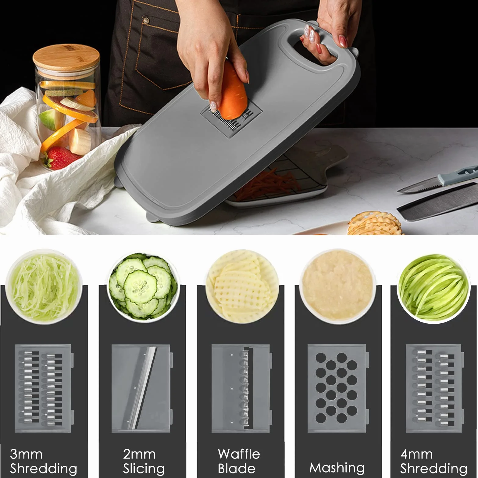 NINGER Tabla de cortar multifunción 9 en 1 plegable para cocina con cortadores y cuchillos