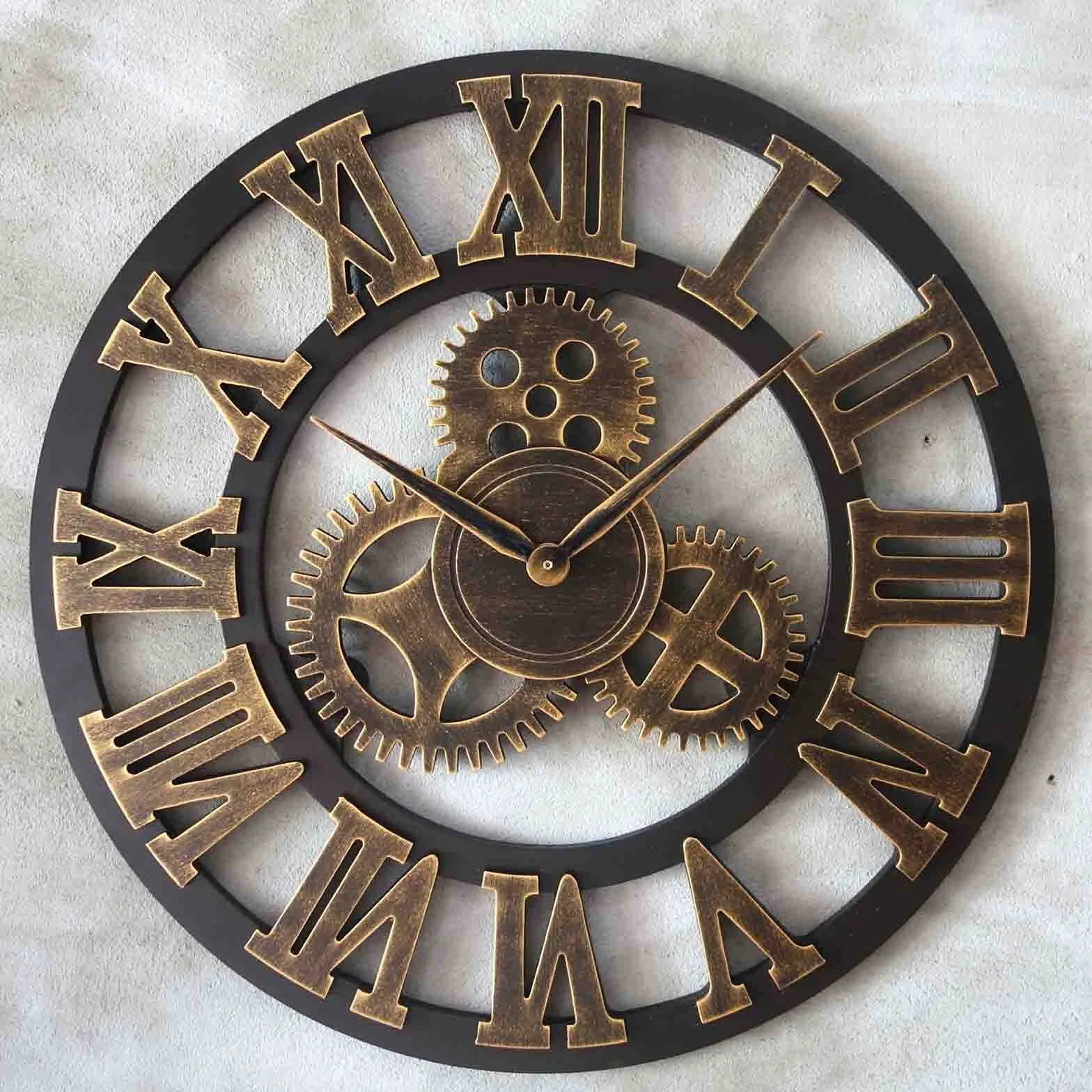 Reloj de pared, reloj para exteriores, reloj de jardín, reloj de pared extragrande, decorativo de hierro forjado, cuarzo silencioso, engranajes industriales, negro, números de metal rústico, estilo