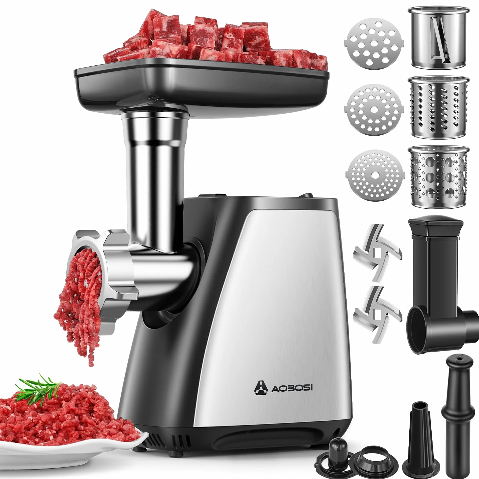AAOBOSI Picadora de Carne, 4-En-1 Picadora de Carne Eléctrica [2800W Max] con 3 Cuchillas para Cortar, 2 Cuchillas para Desmenuzar, 3 Platos, Rellenador de Salchichas, Kit Kubbe, Acero Inoxidable