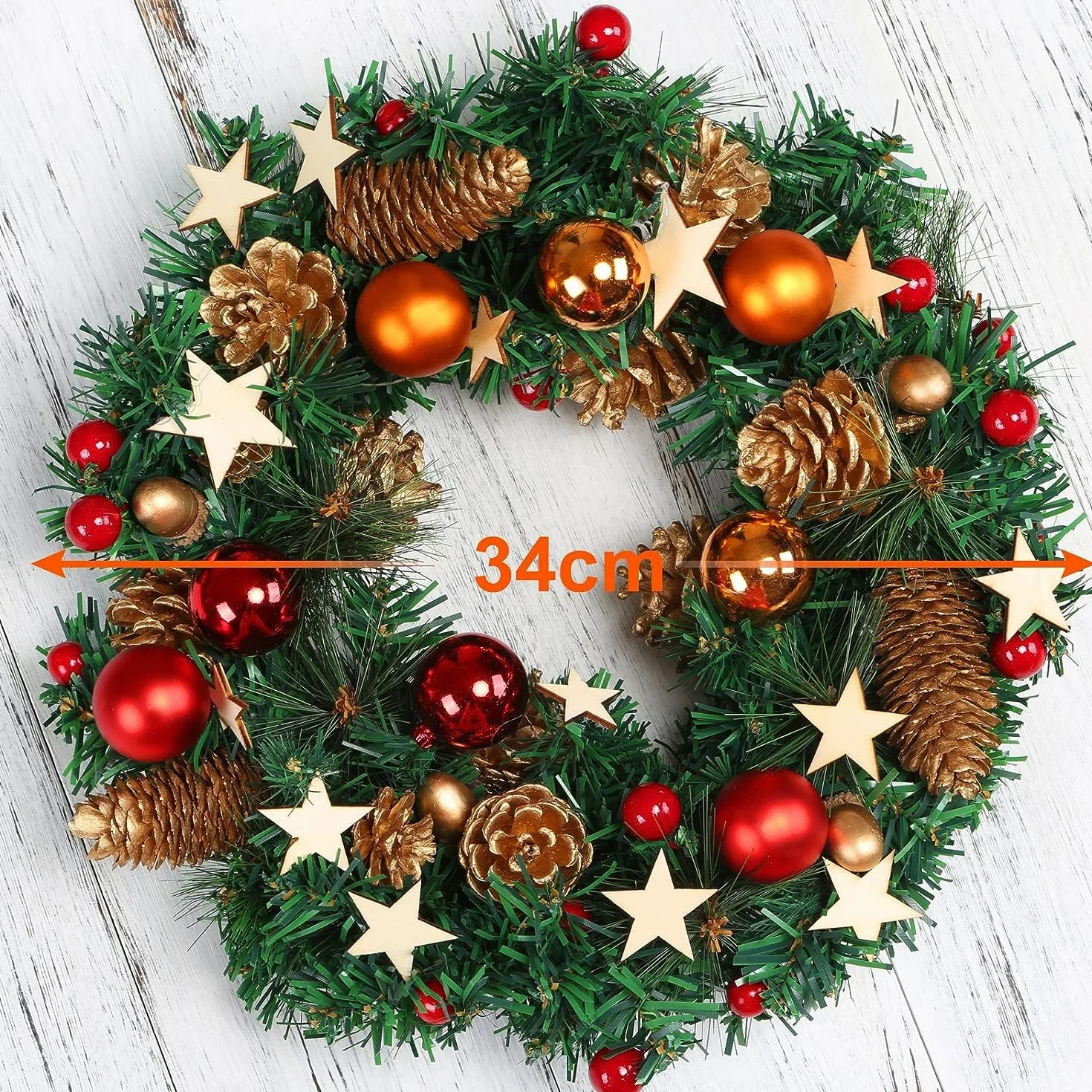 Naler Guirnalda de Corona de Navidad LED Puerta Decoración Navideña con Bolas Piñas Conos con Luz Blanca Cálida