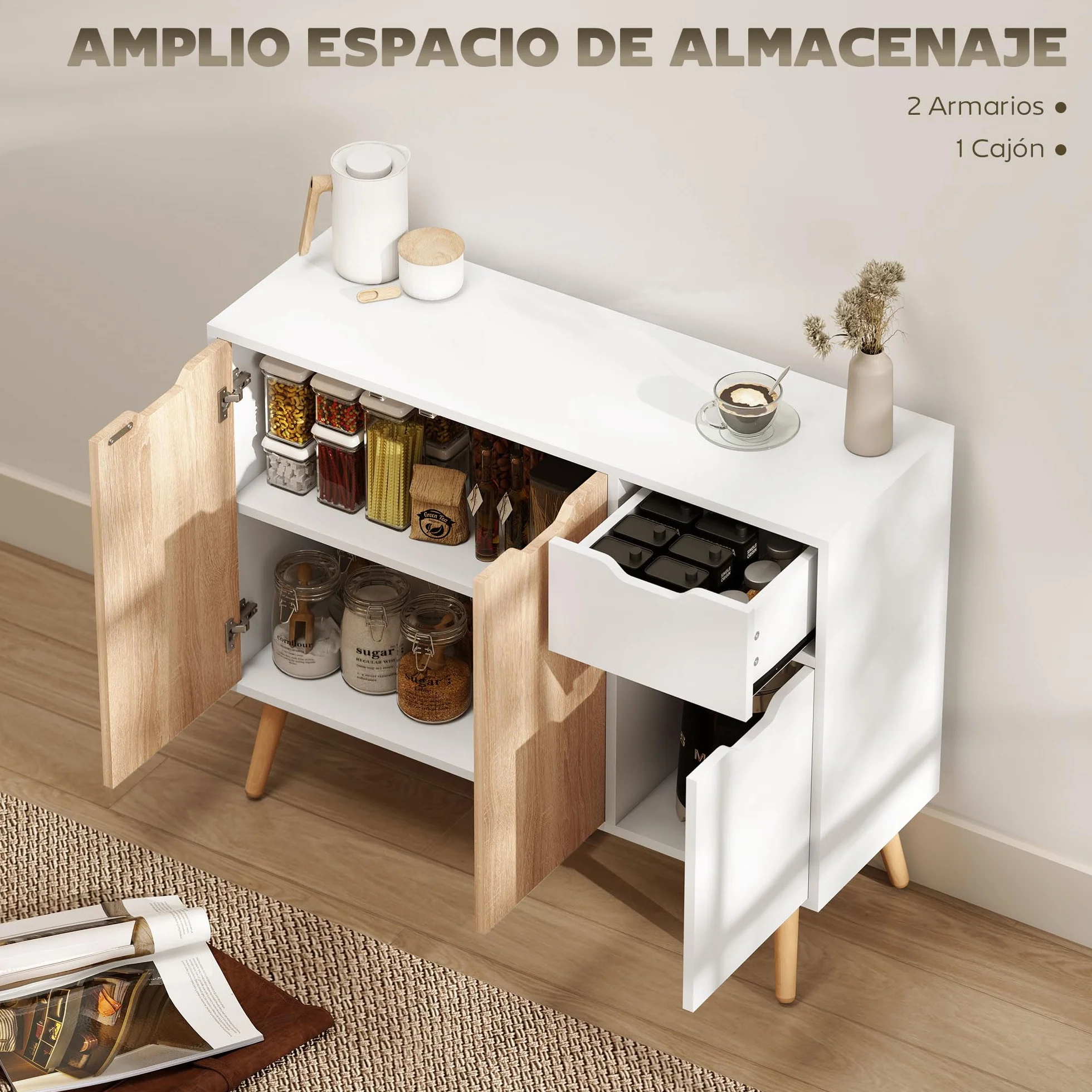 HOMCOM Aparador Moderno 90x30x72 cm Blanco y Natural con 3 Puertas y Cajón