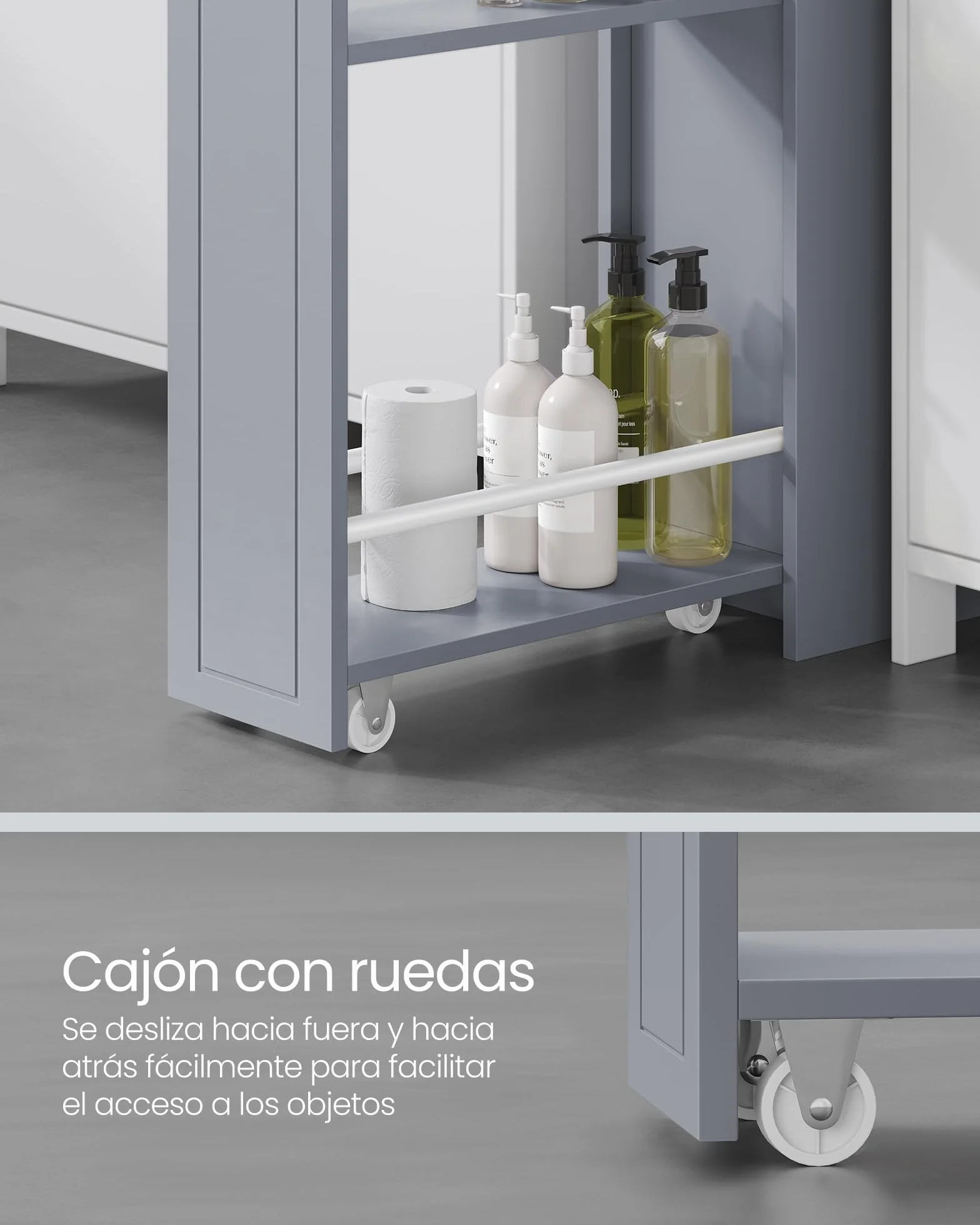 VASAGLE Armario de Baño, Armario Estrecho de Pie, Portarrollos de Papel Higiénico, con Cajones, para Espacios Pequeños, Gris Paloma BBC847G02