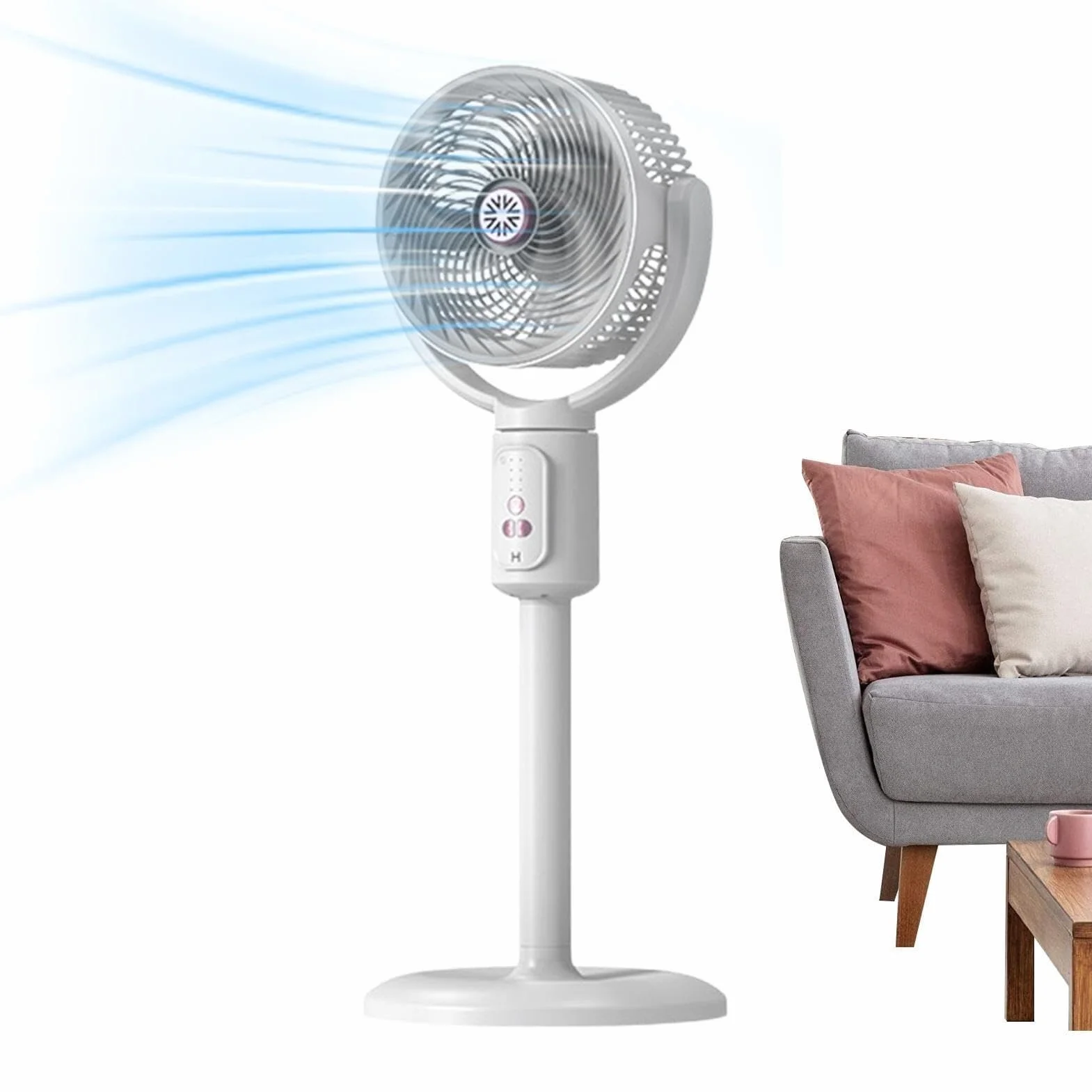 Ventilador de pie recargable con 5 velocidades, temporizador y oscilación automática. Altura ajustable, mando a distancia y puerto USB-C para uso en hogar, oficina o viajes