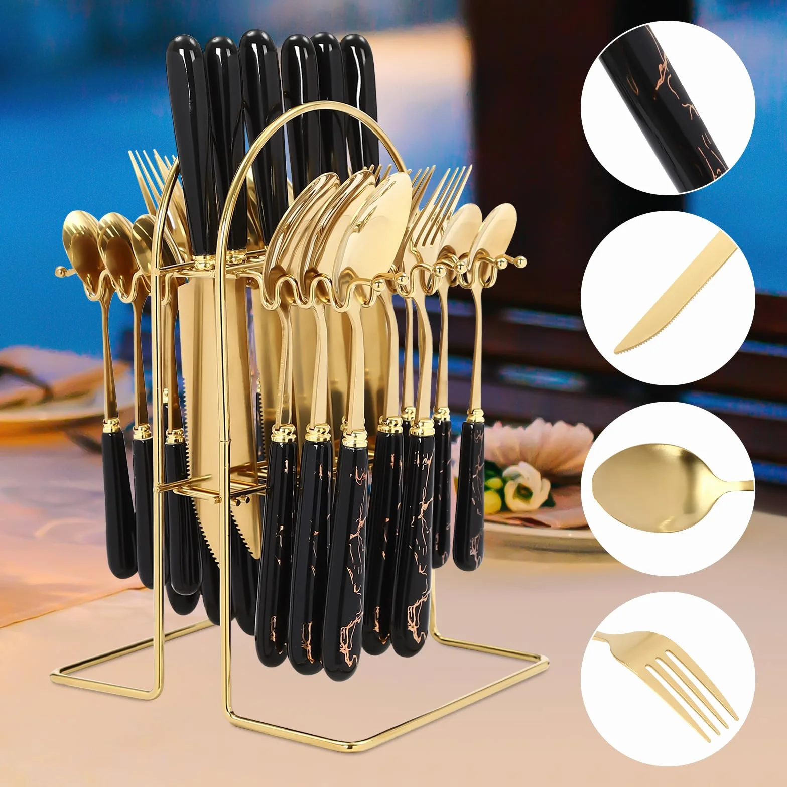 Juego de cubiertos de 24 piezas de acero inoxidable con soporte, hasta 6 personas, para familiares, reuniones de amigos, banquetes de vacaciones, bodas, etc.