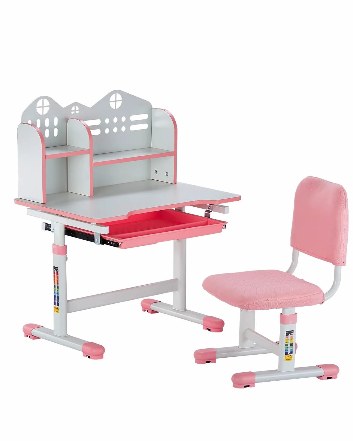 VEVOR Juego de Mesa y Silla de Estudio para Niños con Capacidad de Carga de 100 kg Ajuste de Altura del Escritorio de 53-71 cm con Estantería y Cajones para Dormitorio, Estudio, Escuela, Rosa