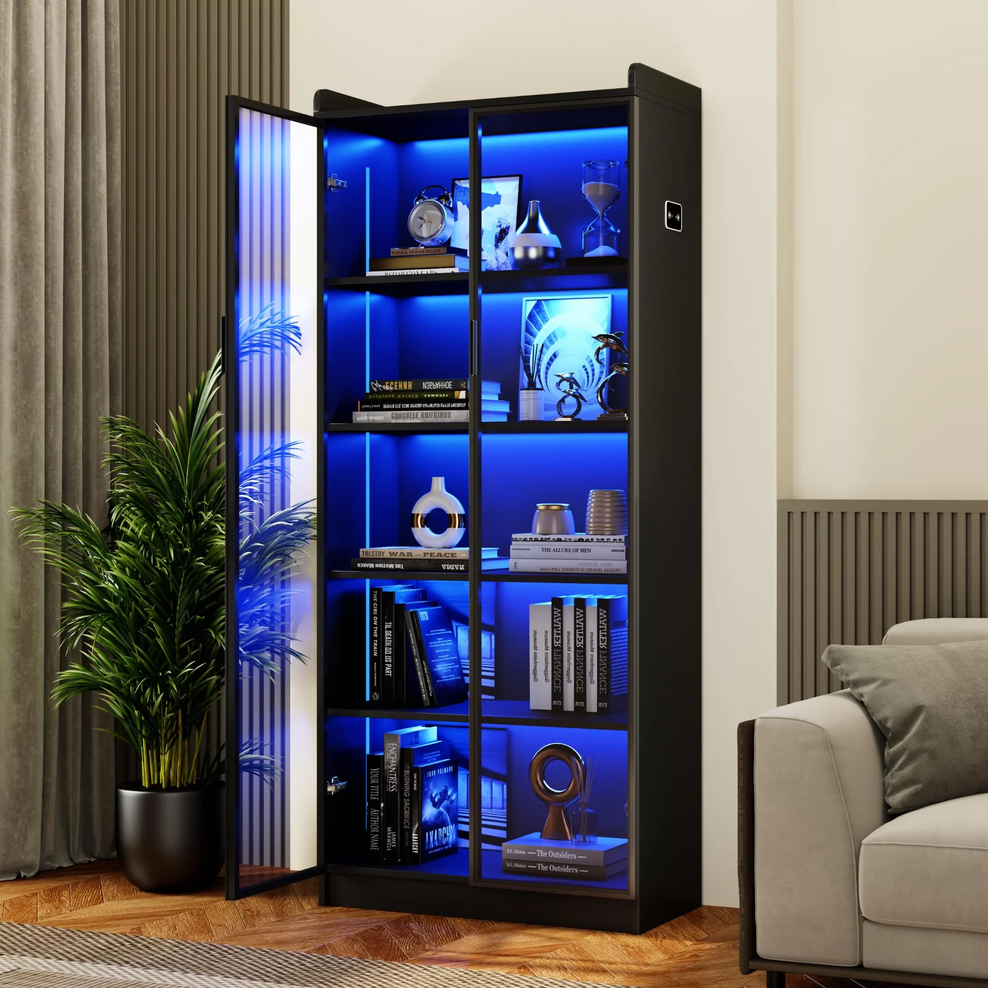 FREDEES Vitrina con iluminación LED, 5 pisos, vitrina de coleccionista con sensor inteligente, vitrina acrílica con estantes ajustables para salón o oficina, color negro