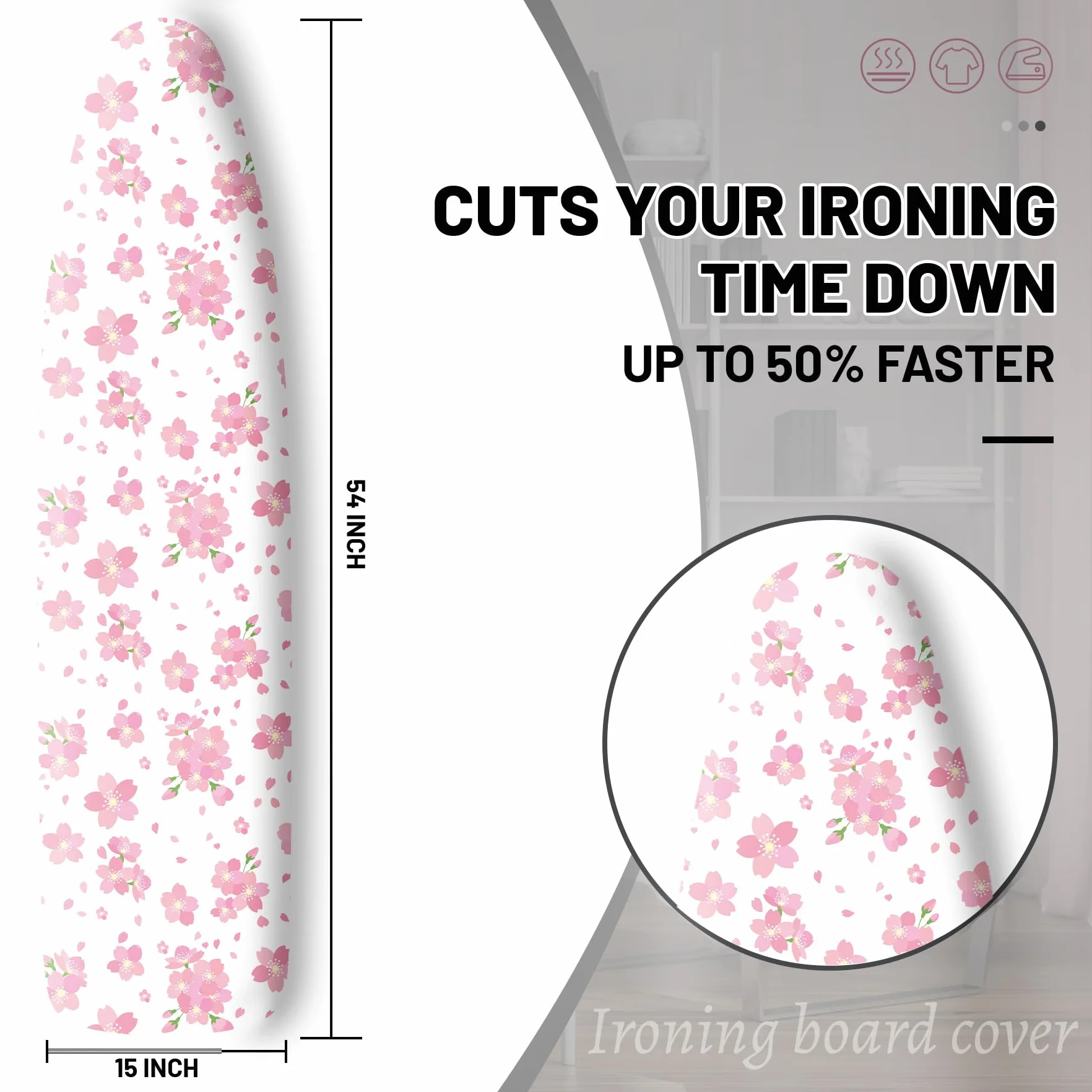 Funda extra gruesa para tabla de planchar y almohadilla, diseño de flores de cerezo de 15 x 54 pulgadas, resiste quemaduras y manchas, bordes elásticos, hojas florales rosas, flores primaverales,