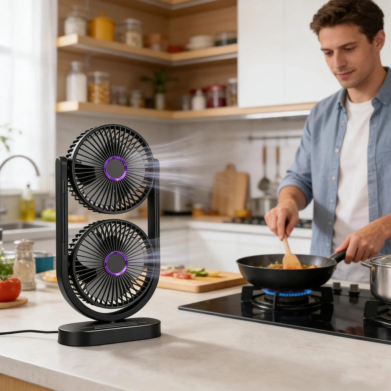 Ventilador de Mesa Silencioso Doble cabezal recargable refrescante y | ventilador de sobremesa para verano y refrigeración de escritorio para apartamento dormitorio salón cocina oficina