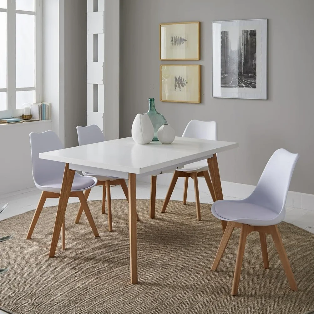 Mesa de Comedor Extensible Blanca Estilo Nórdico con Patas de Madera de Roble – 140/180x90x75 cm – Diseño Moderno y Elegante con Tapa Lacada en MDF