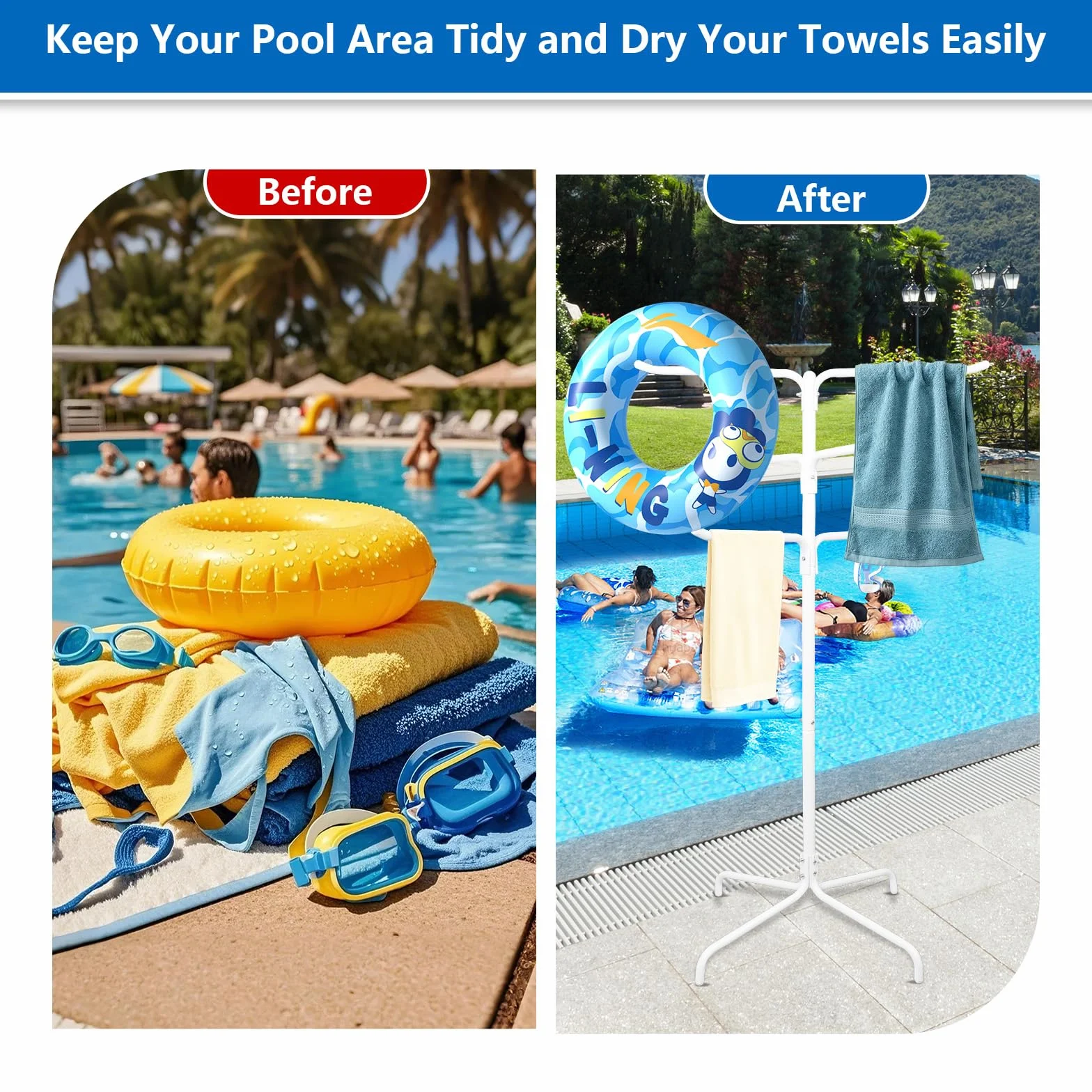 Toallero de piscina al aire libre, 6 barras de columna, toallero de pie, soporte ajustable para toallas de piscina y patio con base pesada (blanco