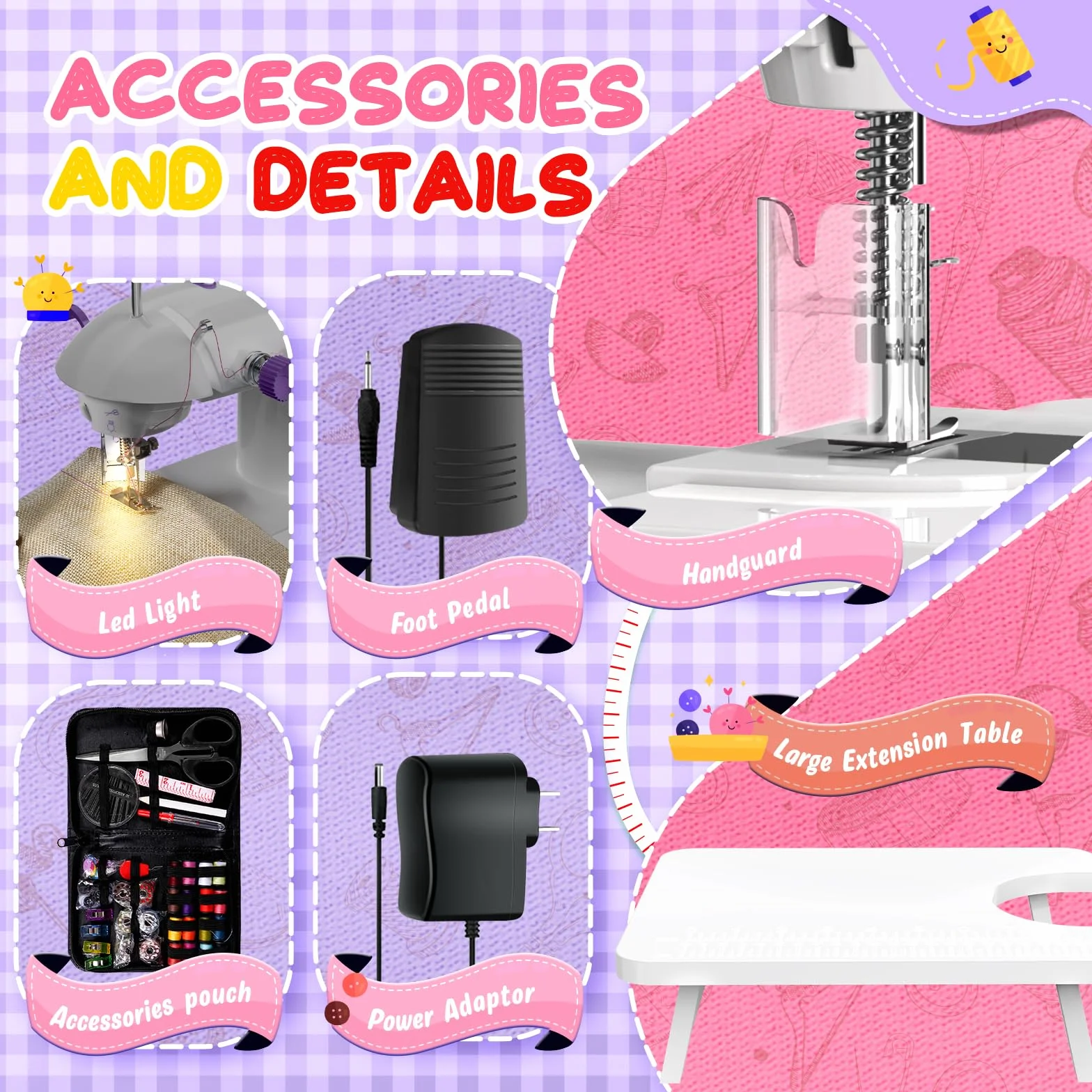 Mini máquina de coser con kit de costura de 118 piezas para principiantes, máquina de coser portátil de doble velocidad con luz y protector de dedos (morado)
