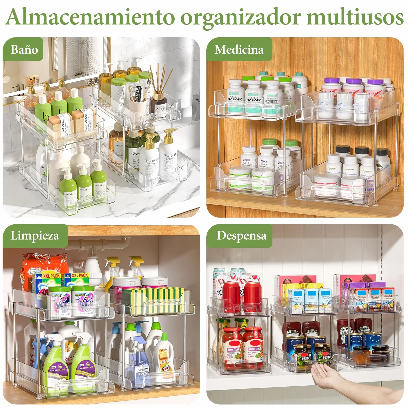 2 Paquete Organizador Cocina Debajo del Fregadero, 2 Niveles Extraíble Estante Almacenamiento, Maquillaje, Baño, Productos de Limpieza, Cajones