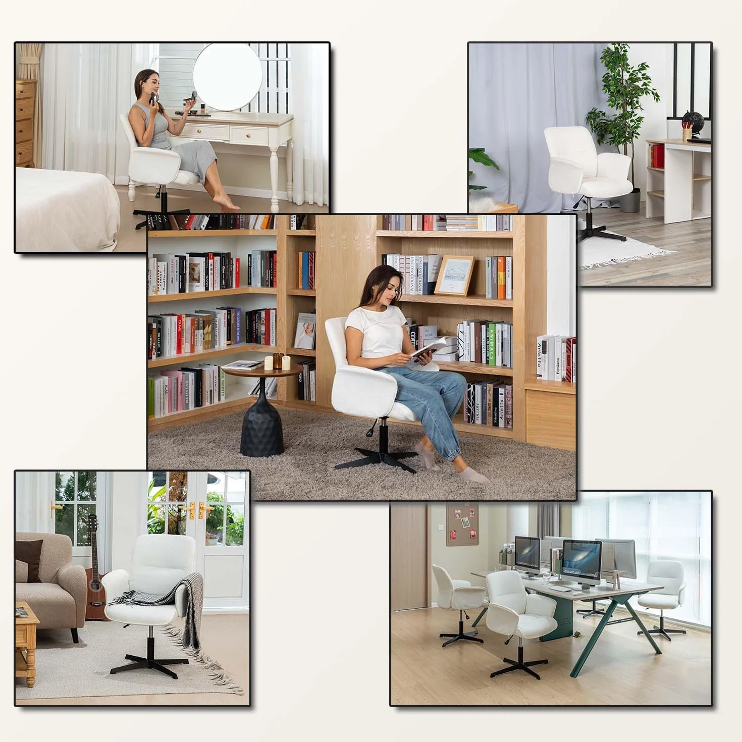 MEUBLE Cosy Sillones de salón Butaca nórdica Sillas de Maquillaje Escritorio de Giratoria Altura Ajustable con Reposabrazos para Dormitorio Oficina en Tela de Felpa Blanco