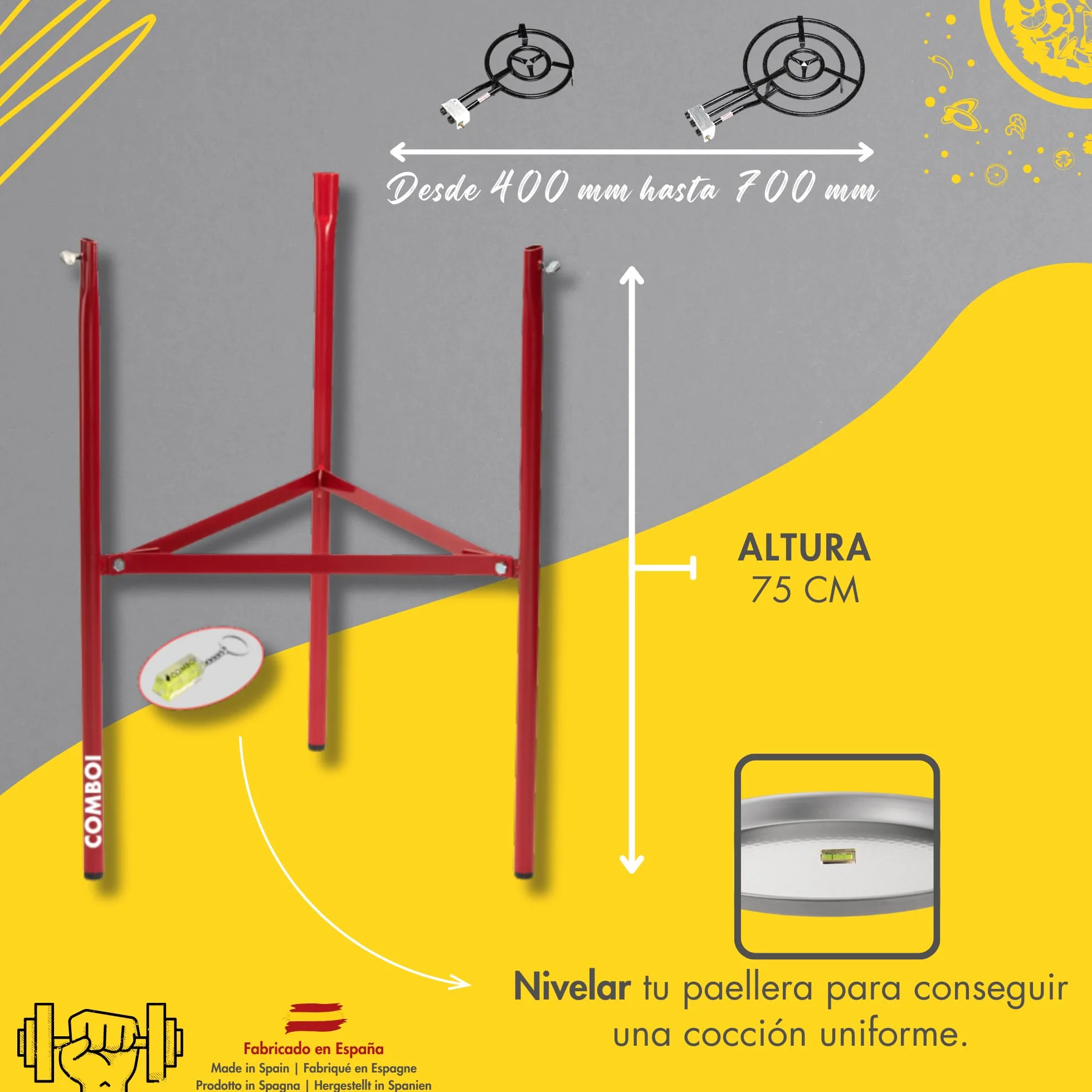 COMBOI Paellero gas butano 60 cm, Kit Quemador paelleras esmaltadas de 70 cm + 42 cm, Regulador de gas, Manguera, Soporte Patas reforzadas, nivel, delantal, Libro de Recetas digital