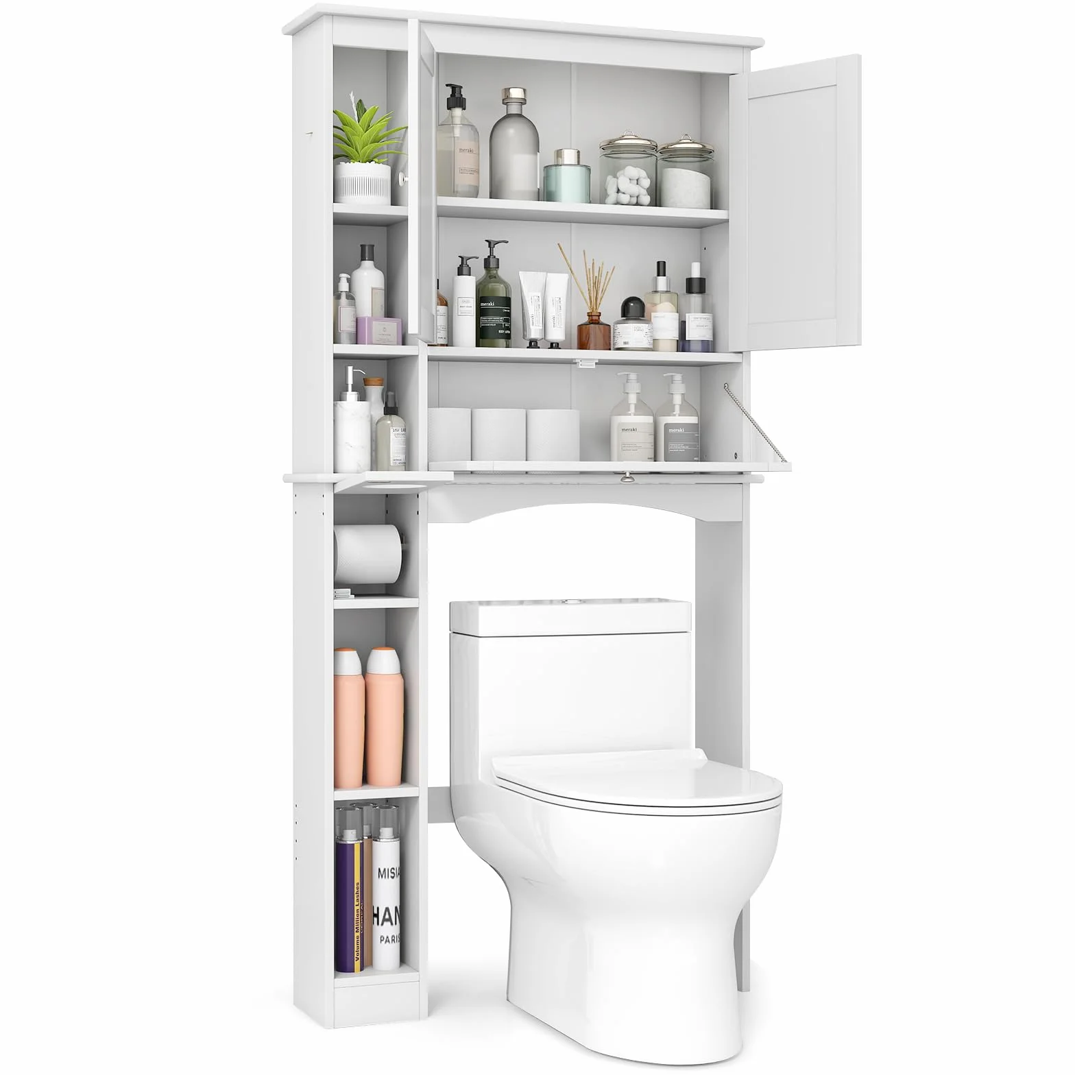 LIFEZEAL Estantería blanca para inodoro con 3 puertas y estantes ajustables, armario de baño independiente, armario de lavandería, 80 x 21 x 165 cm