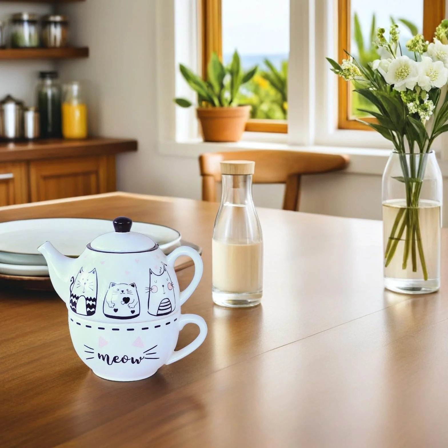 Didiseaon Juego de Té Diseño Original y Elegante de Cerámica Forma de Gato Blanco Tetera y Taza Decorativa para Uso Diario para Aficionados al Té
