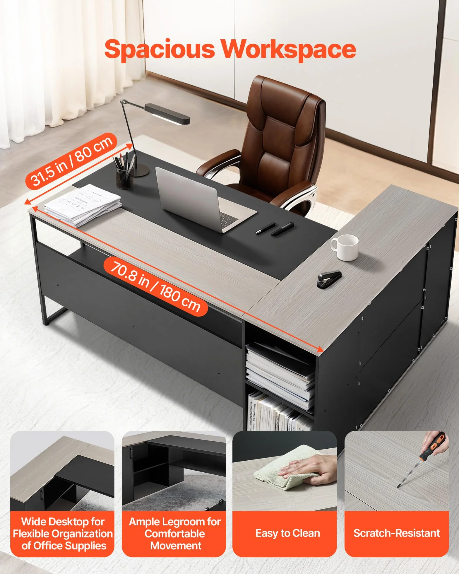 VEVOR Escritorio Ejecutivo en Forma de L, Amplio Escritorio Moderno con Cajones, Armario de Almacenamiento y Soporte para CPU, Madera, Soporta hasta 158,7 kg, para Trabajar, Estudiar y Escribir