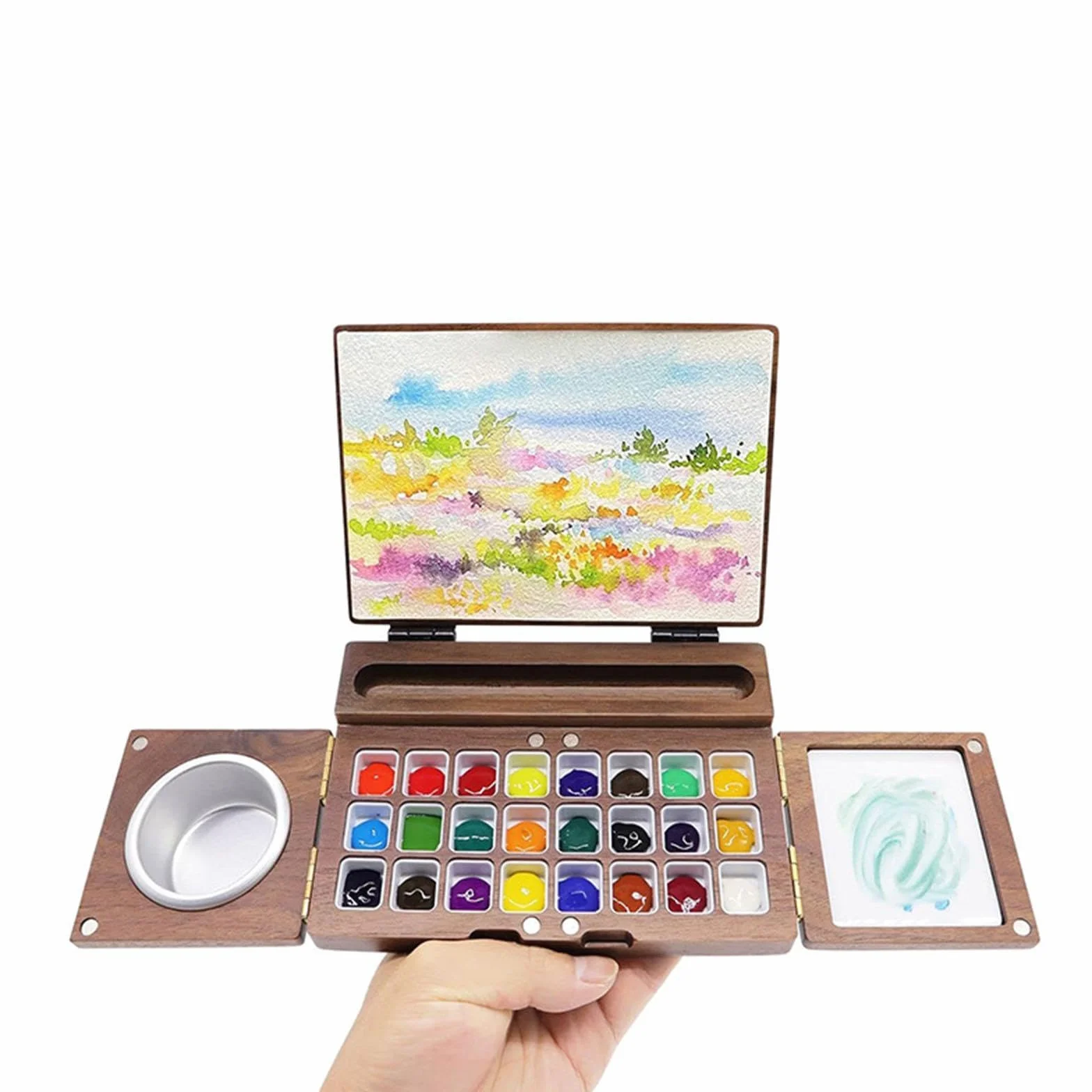 Perfeclan Caja de Pintura de Acuarela, Paleta de Pintura de Viaje Plegable para Pintar y Hacer Manualidades con área de Mezcla, Bandeja de Pintura de Madera,