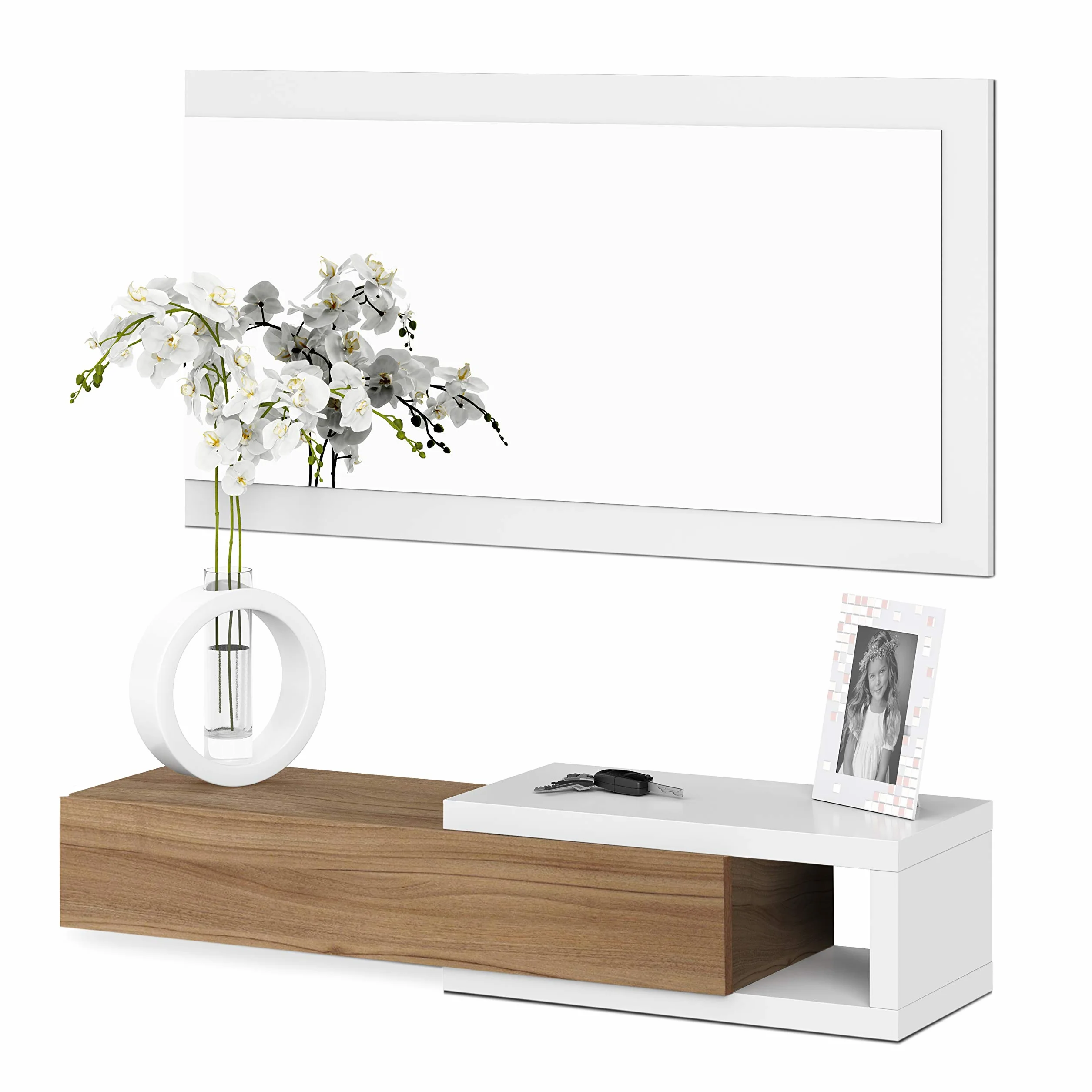 Habitdesign 0N6743BO - Recibidor con cajón + espejo, mueble entrada acabado en Blanco Brillo y Nogal, modelo Noon, medidas 19 x 95 x 26 cm de fondo