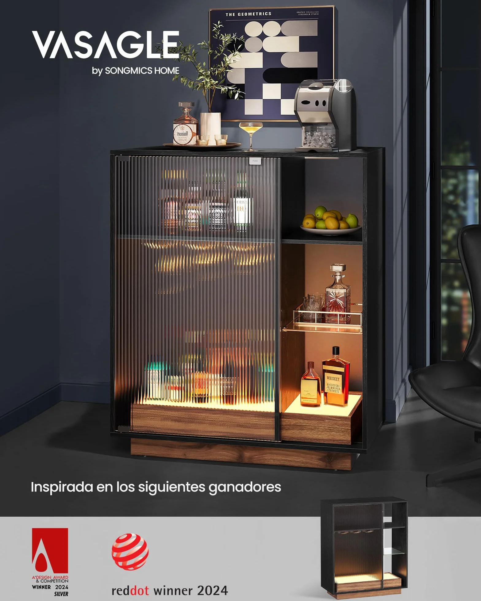 VASAGLE Aparador, Armario Bar Vino con Luces LED, con Almacenaje para Vino, Bar Café Licor, con Portavasos, Puerta de Vidrio Acanalado, para Sala de Estar, Negro Ébano BBK361B21