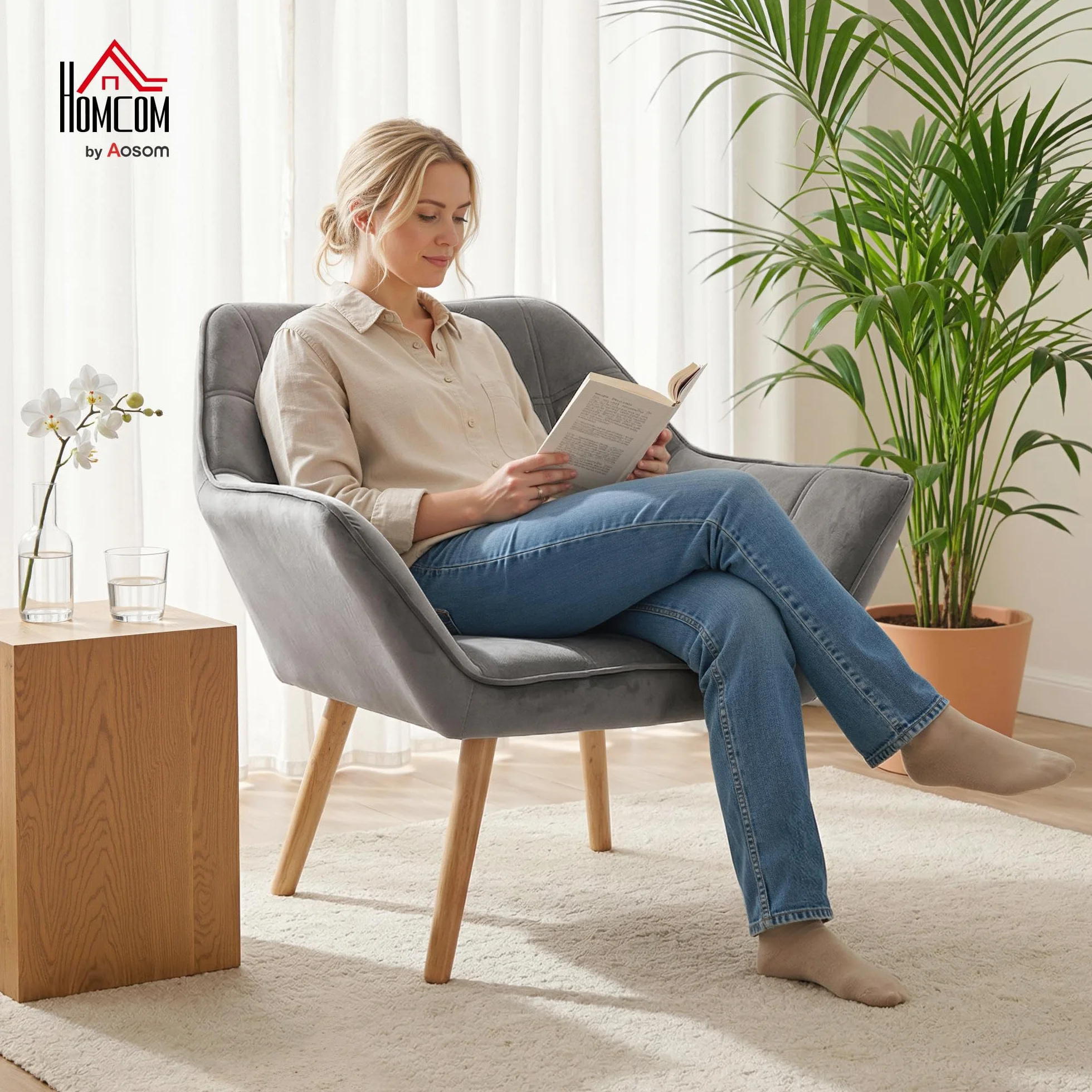 HOMCOM Butaca de Salón Moderna, Sillón Lectura Tapizado en Terciopelo con Patas de Madera, Fácil Montaje, Sillón Relax para Sala de Estar, Dormitorio y Balcón, Gris