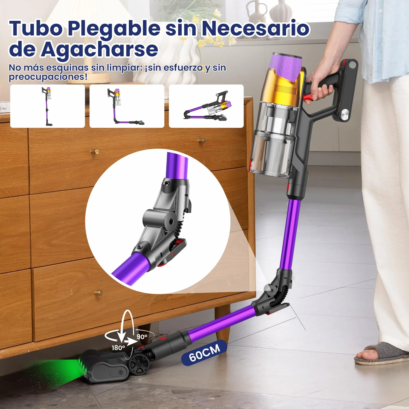 A12 Aspiradora sin Cable 50Kpa/600W/70Min, Aspirador Escoba con Depósito de Agua Extraíble, Tubo Plegable, Pantalla LED, Anti-Enredos, Batería Extraíble, para Alfombras y Mascotas (Morado Pálido)