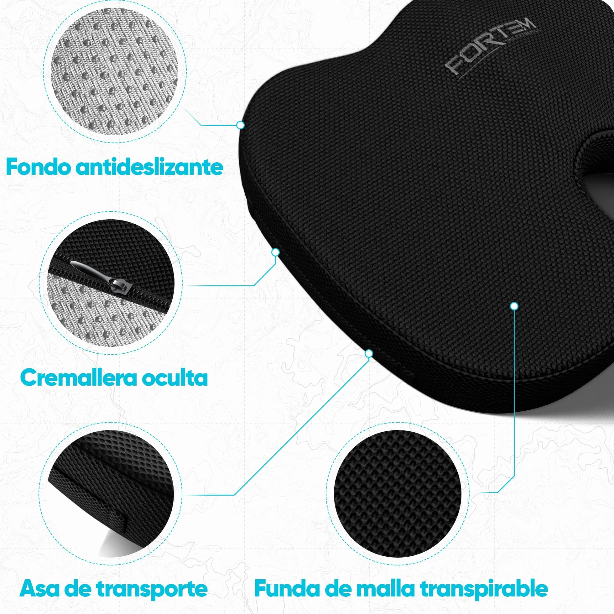 FORTEM Pack Cojín Silla Oficina y Almohada Lumbar - Cojín para Silla Ordenador en Forma De U y Almohada Lumbar con Espuma Viscoelástica para Asiento Coche, Gaming, Trabajo - Fundas Lavables
