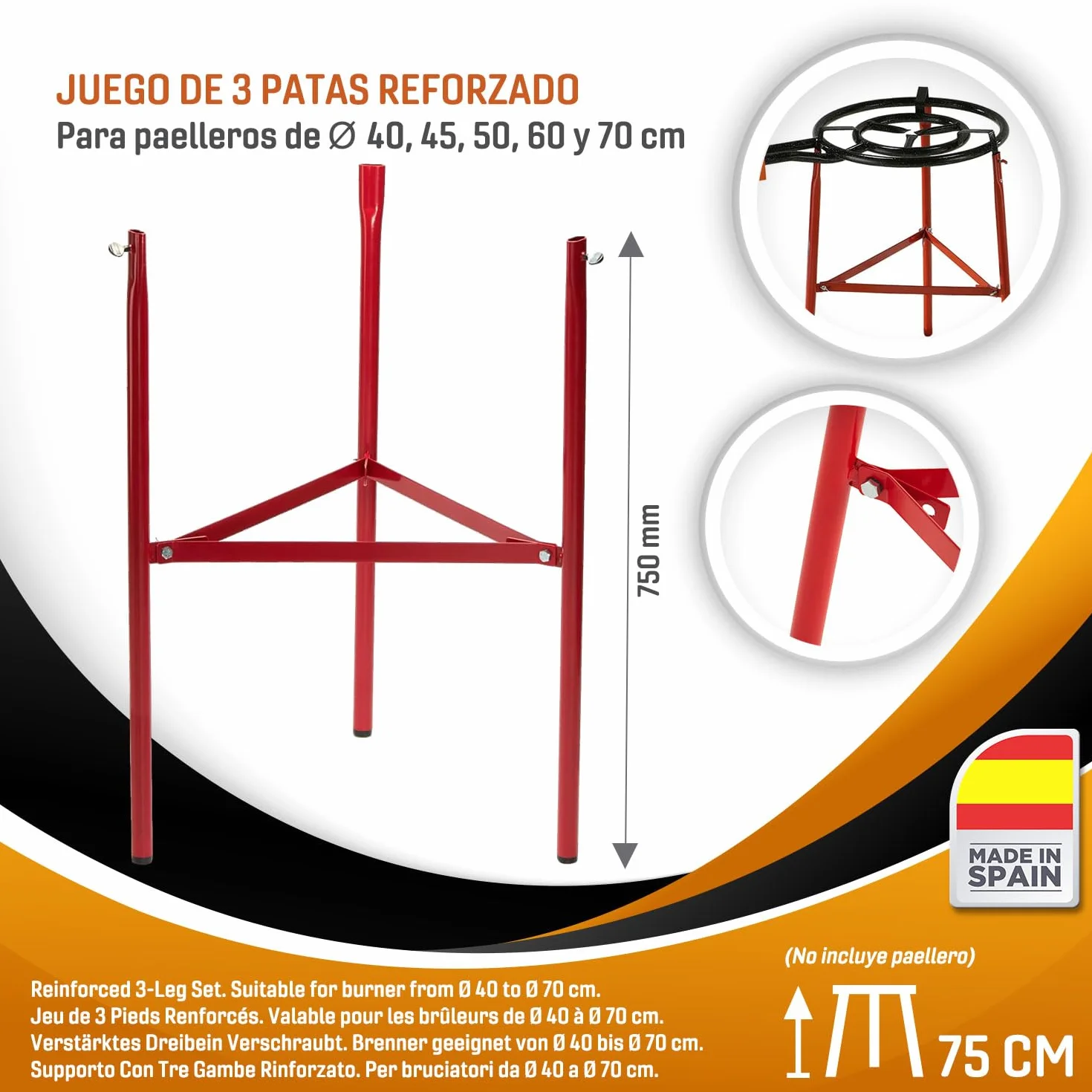 Paellero a Gas 50 cm + Kit Completo (Paellera 60 cm + Paellera de 42 cm + Patas Reforzadas + Regulador + Manguera + Delantal)