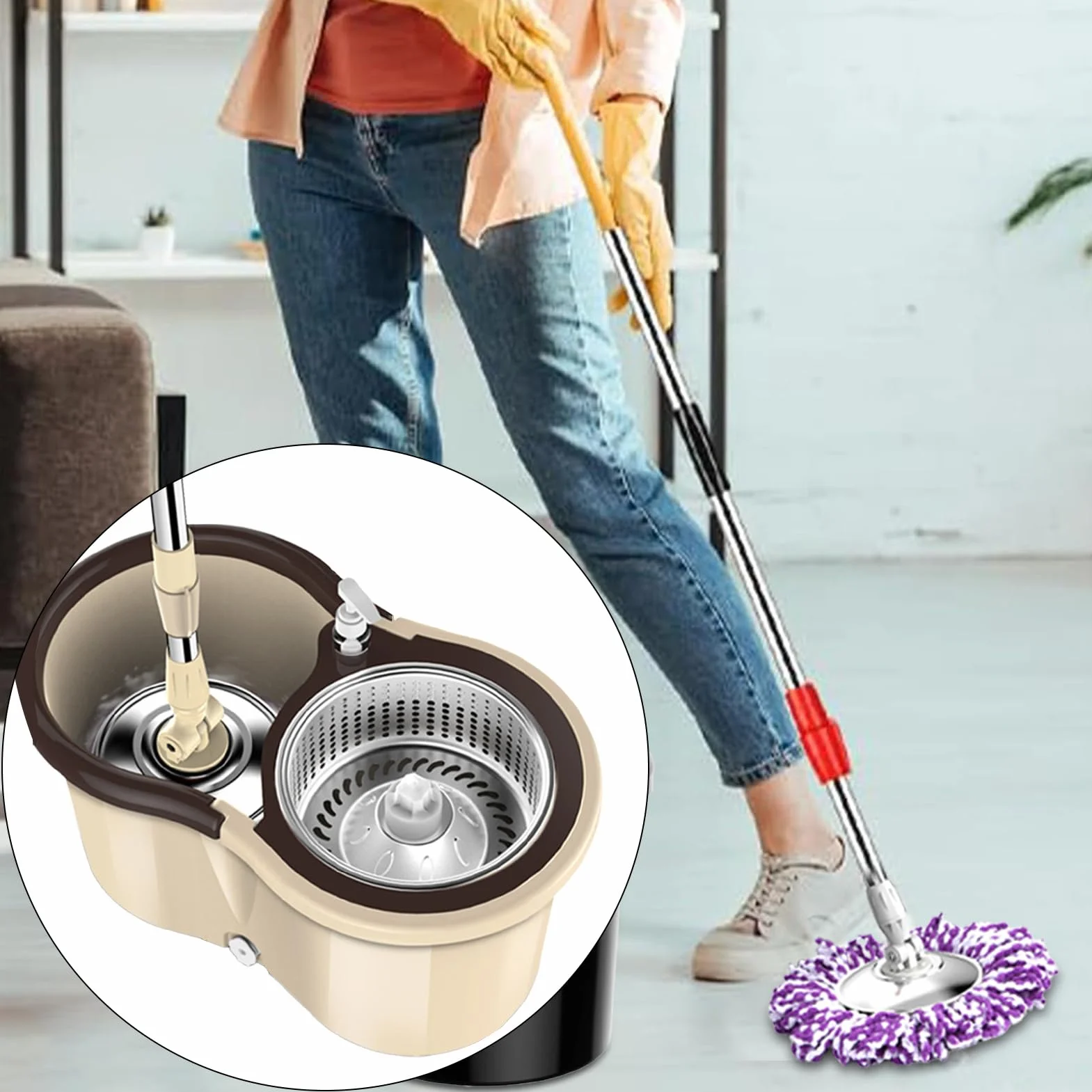 Fregona con cubo - de limpieza de suelos, fregona giratoria de 360 grados | herramienta versátil para limpieza de suelos | Juego de con fregonas de microfibra para el hogar