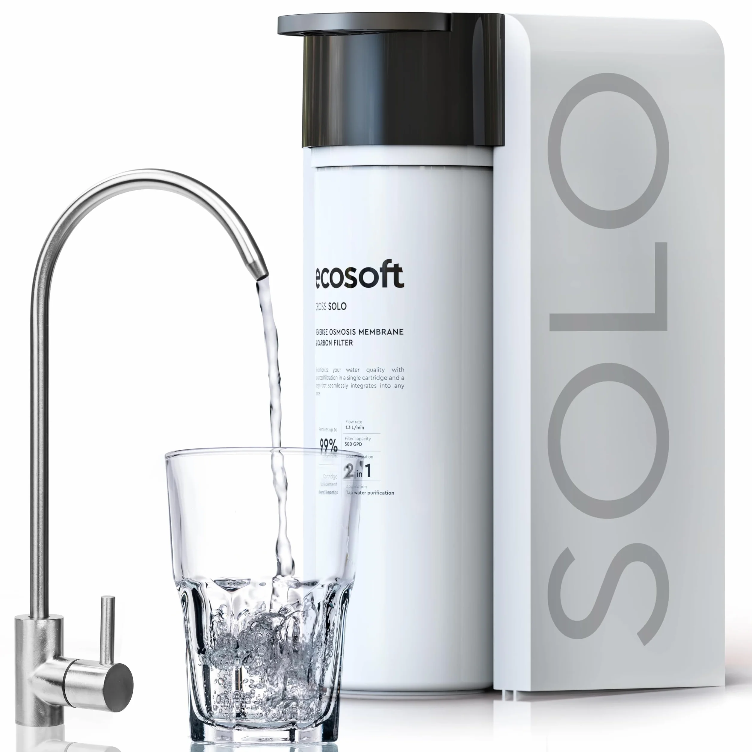 Ecosoft CROSS Solo Filtro de Ósmosis Inversa de Flujo Directo, 1.3 L/min, Filtración 2-en-1 con Membrana RO de 500 GPD y Postfiltro de Carbón, Diseño Ultra-Compacto para Cocinas Pequeñas