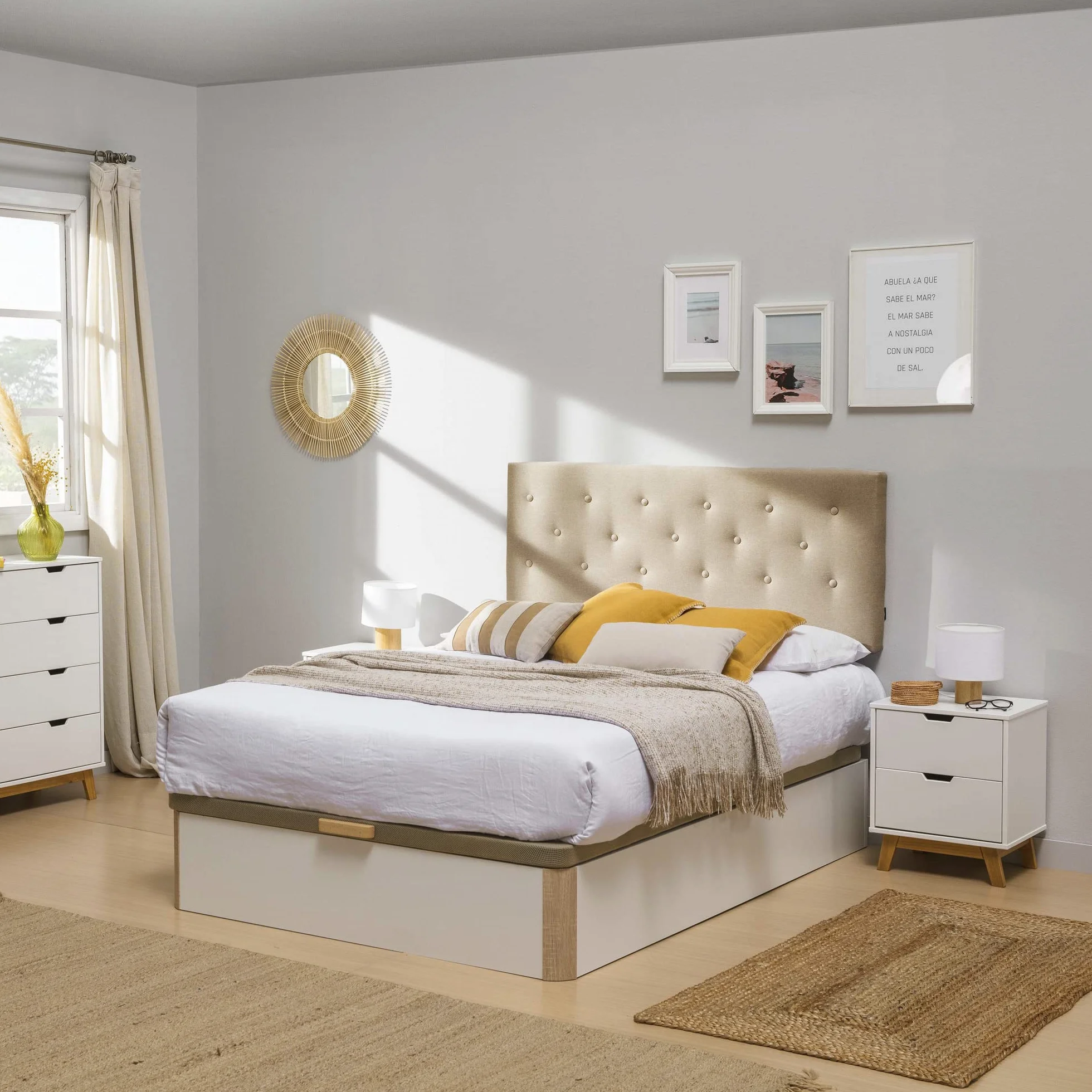 HOMN LIVING Canapé Abatible 160x200 cm Blanco/Cambrian de Gran Capacidad, Esquinas Redondeadas, Tapa Reforzada y Transpirable