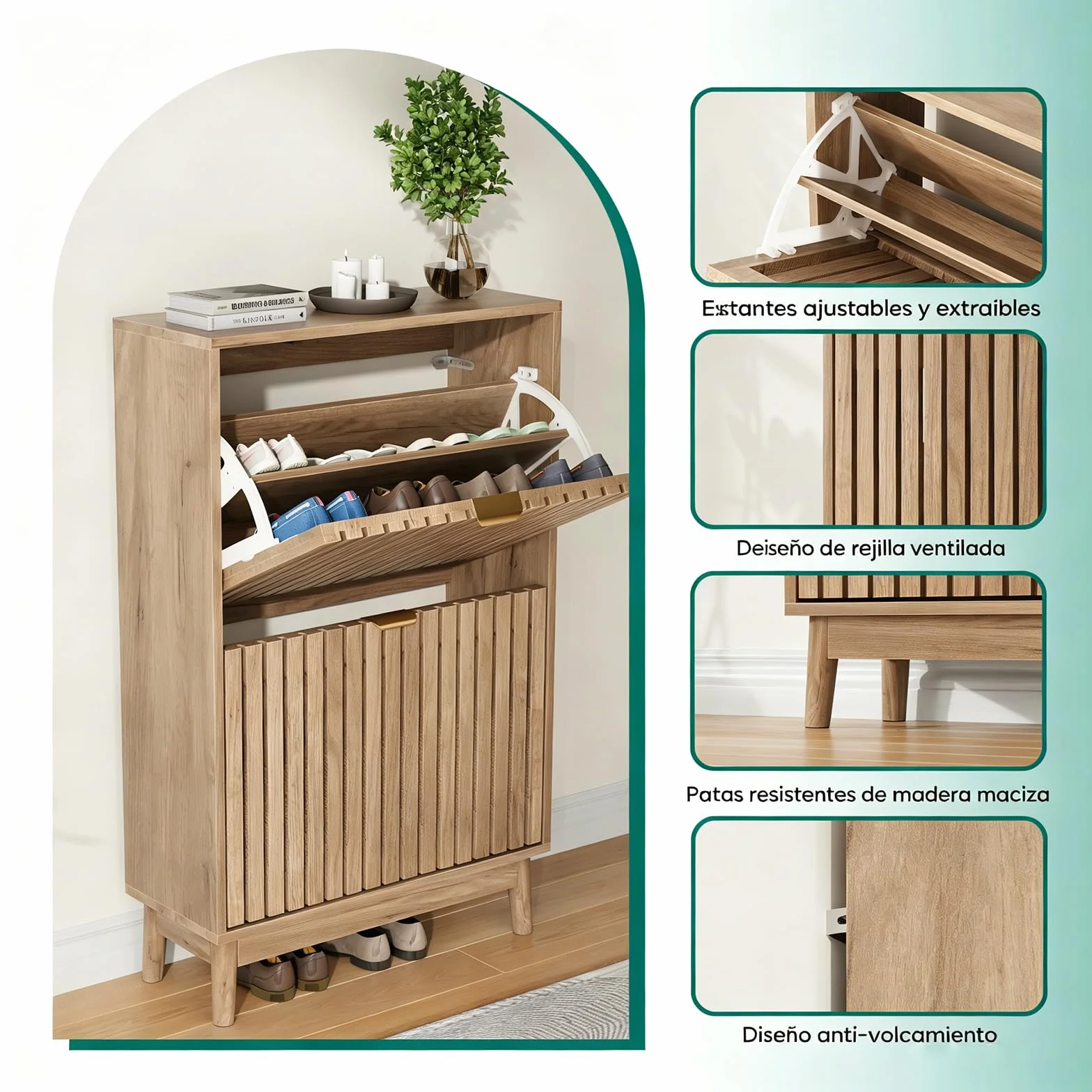 Kiasthome Mueble Zapatero de Madera con 2 Cajones Abatibles, Organizador de Zapatos con Puertas Rejilladas Ventiladas, Zapatero Moderno para Entrada, Pasillo y Salón (Natural, 60 cm)