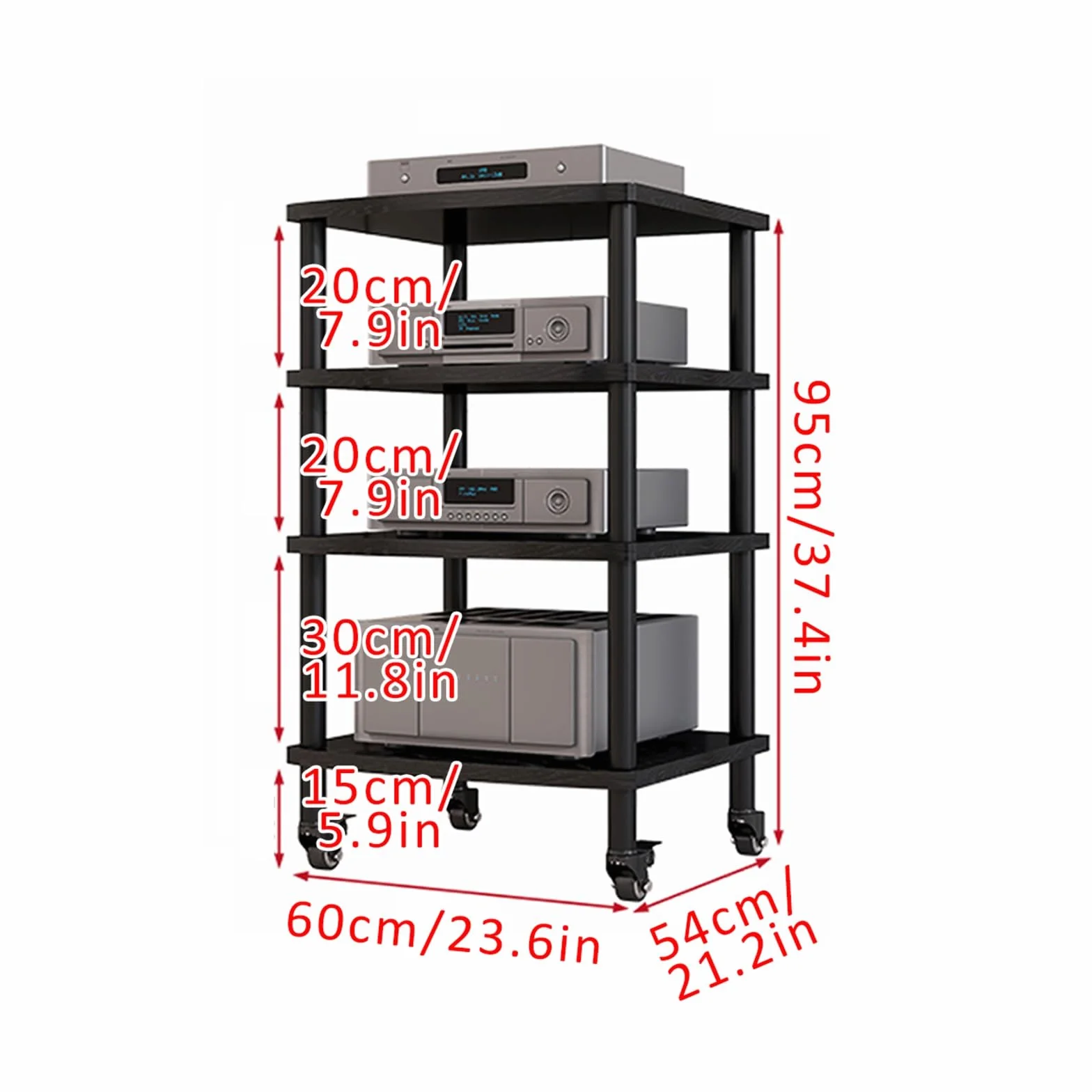 Soporte para AV de 4 niveles y estante de reproducción de discos de nogal, elegante gabinete de madera para discos de vinilo, consolas de juegos y equipos de audio, estantes ajustables, centro de