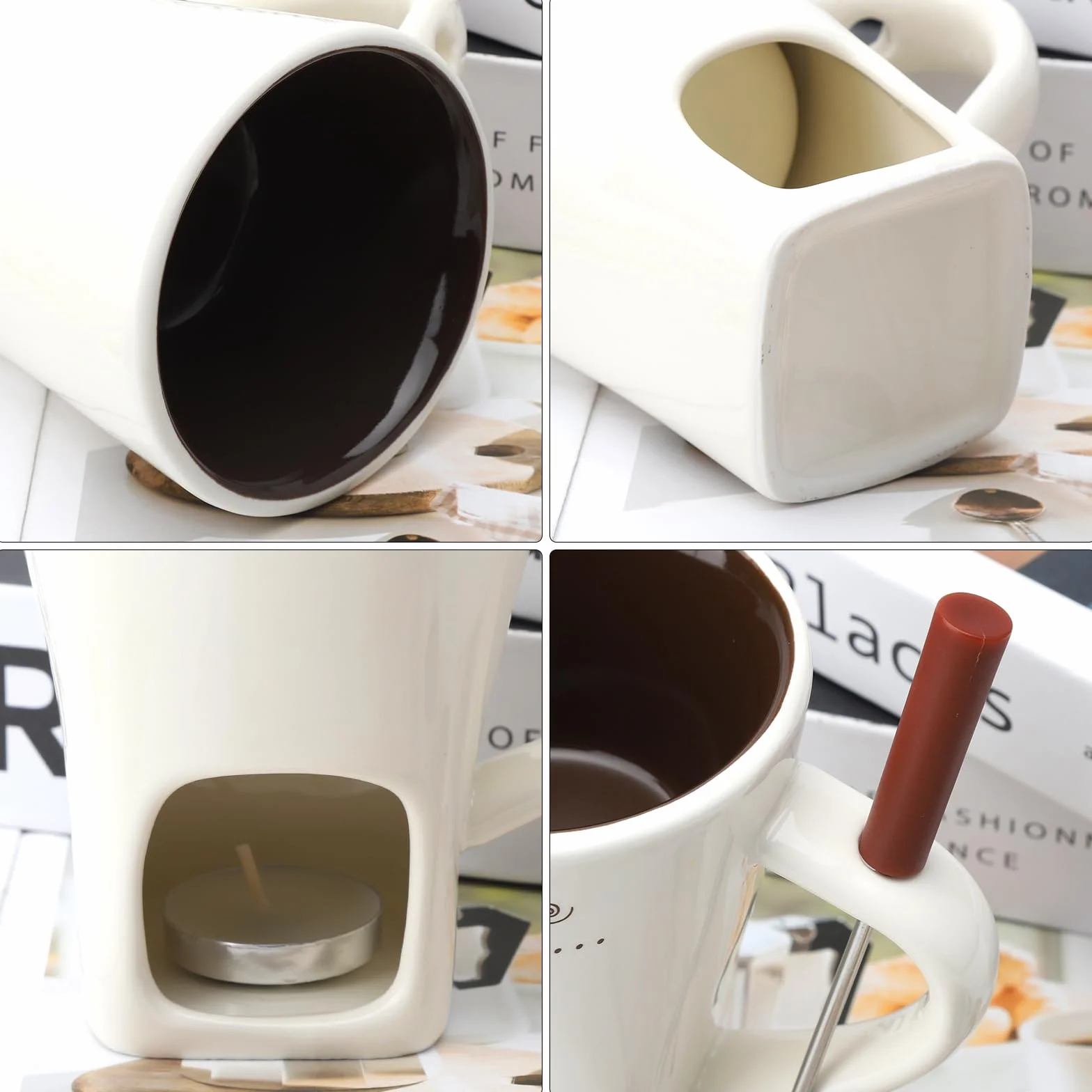 Juego de fondue de chocolate, taza de cerámica 130 ml, con portavelas y tenedores