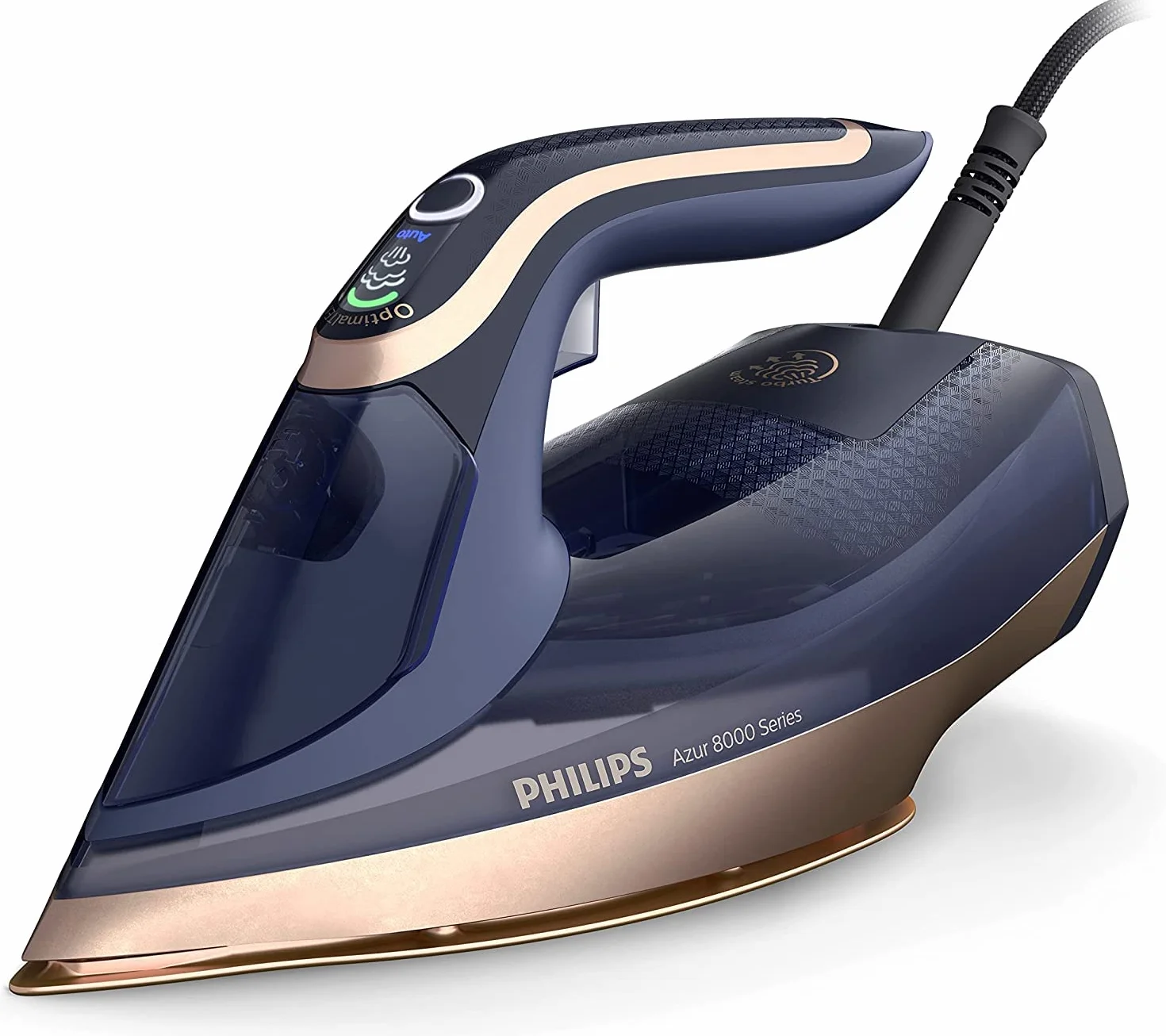 Philips Azur Serie 8000 Plancha De Vapor - 85 g/min De Vapor Continuo, 260 g De Impulso De Vapor Turbo, 3000 W, Tecnología OptimalTEMP, Suela SteamGlide Elite, Azul Oscuro (DST8050/20) | Depósito de 350 ml, sistema antical integrado, tecnología OptimalTem