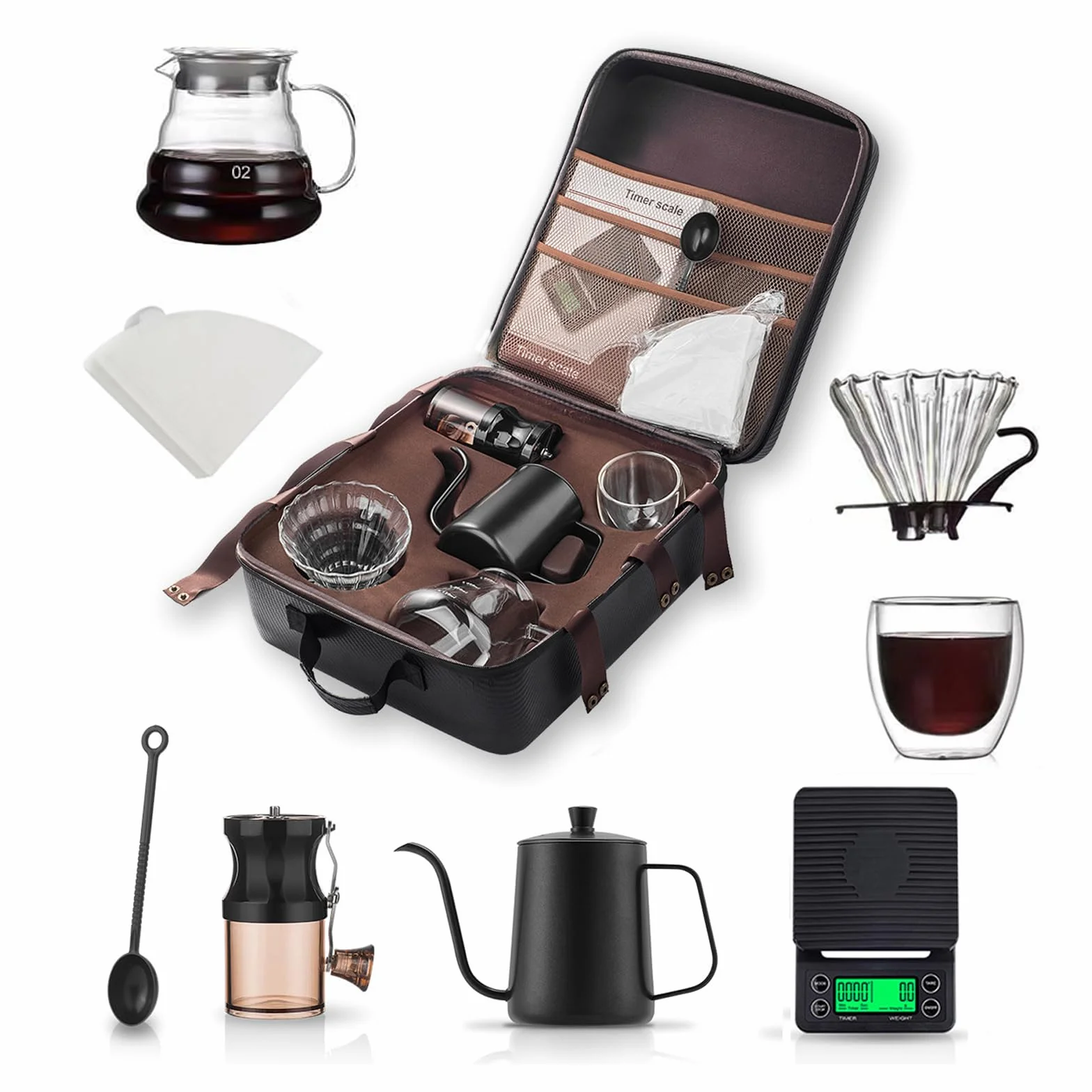 Juego de café hecho a mano de 8 piezas, molinillo de café multifuncional portátil, juego de herramientas para preparar a mano, accesorios completos para amantes del café, para interiores y exteriores