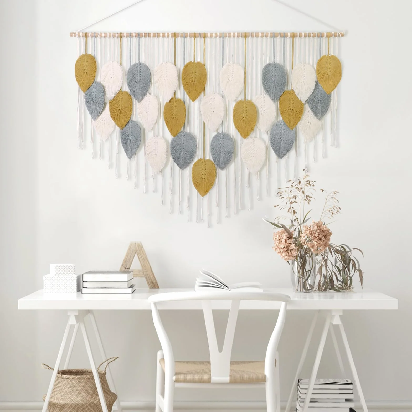 Weldomcor Macramé Tapiz Grande Tejido Tapiz Boho Macramé Hoja Decoración de Pared Pluma Chic Arte Tejido Para Dormitorio, Decoración de Salón, 130 cm Amarillo