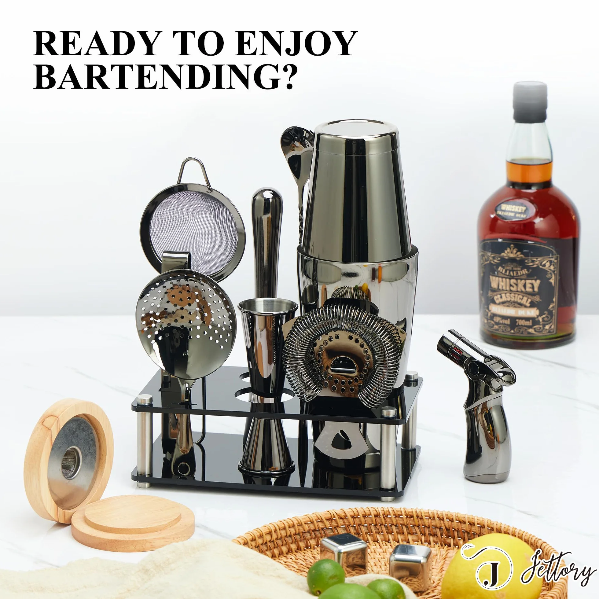 Boston - Juego de 10 cocteleras de acero inoxidable con base acrílica, colador, pinzas para hielo, cuchara de bar, vaso medidor, mortero – Perfecto para el bar en casa (negro)