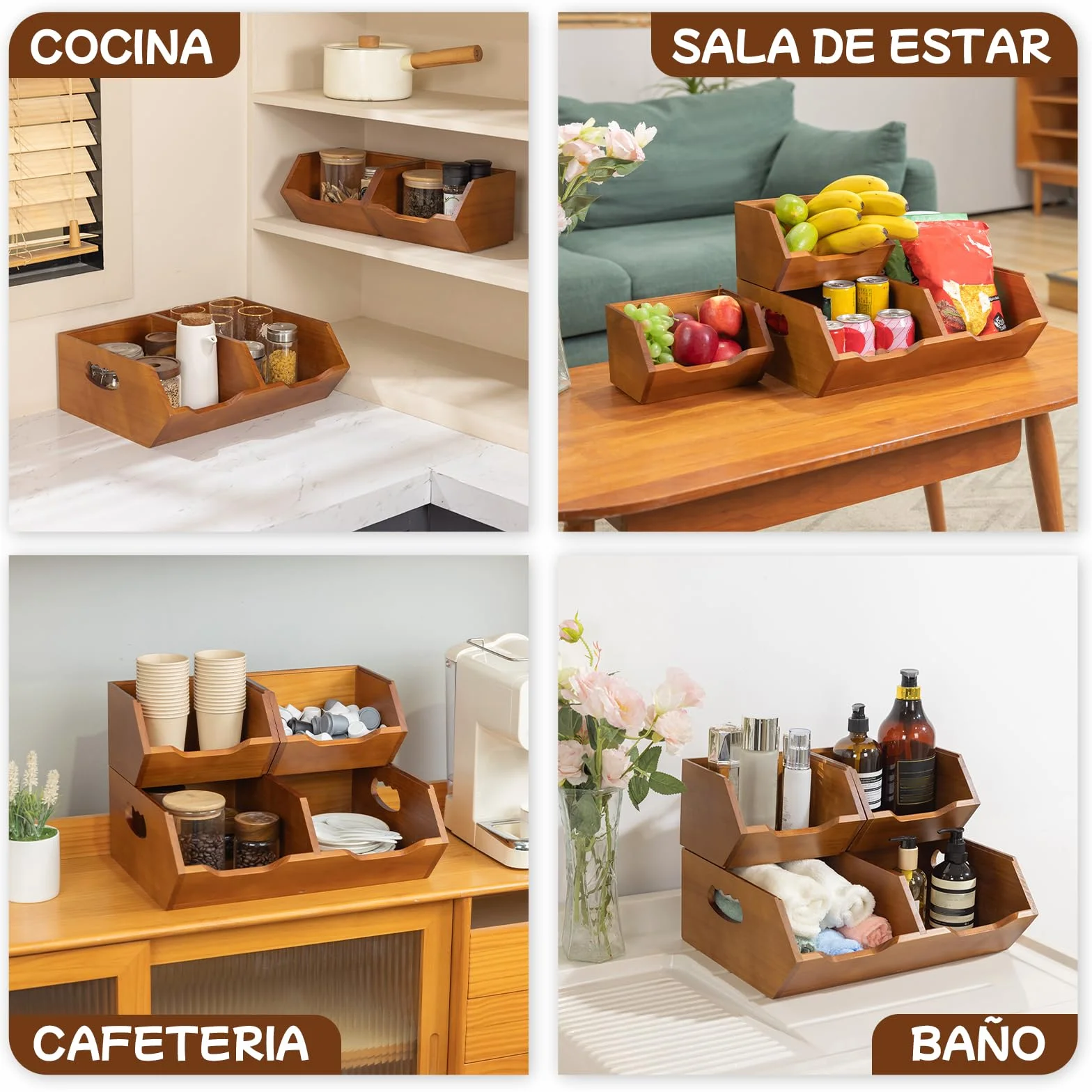 Aquzee Caja para Guardar Patatas de 2 Capas, Apilable Cesta para Patatas y Cebollas de Madera Juego de 3 Piezas, Desmontable Almacenaje Cocina Adecuado para Ajo, Cebolla, Verduras, Frutas y Pan