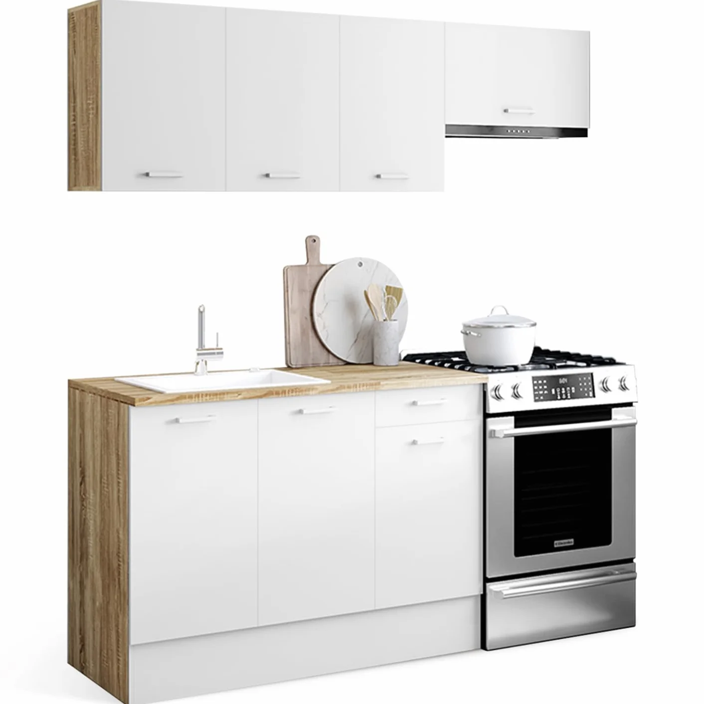 IDMarket - Mueble de cocina completo SUBTIL de 180 cm con encimera de 5 elementos en madera y blanco